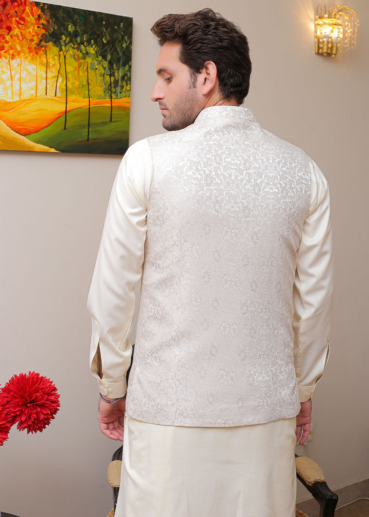 banarsi silk Waistcoat in Pearl white