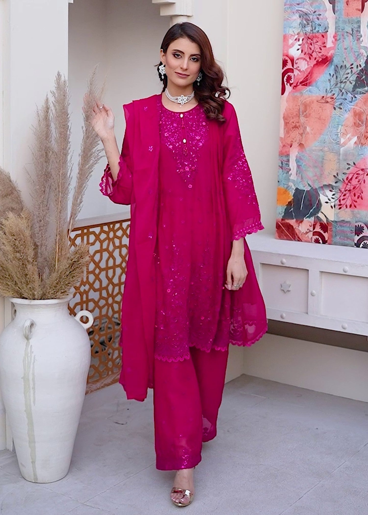 chiffon Short Frock in Hot pink