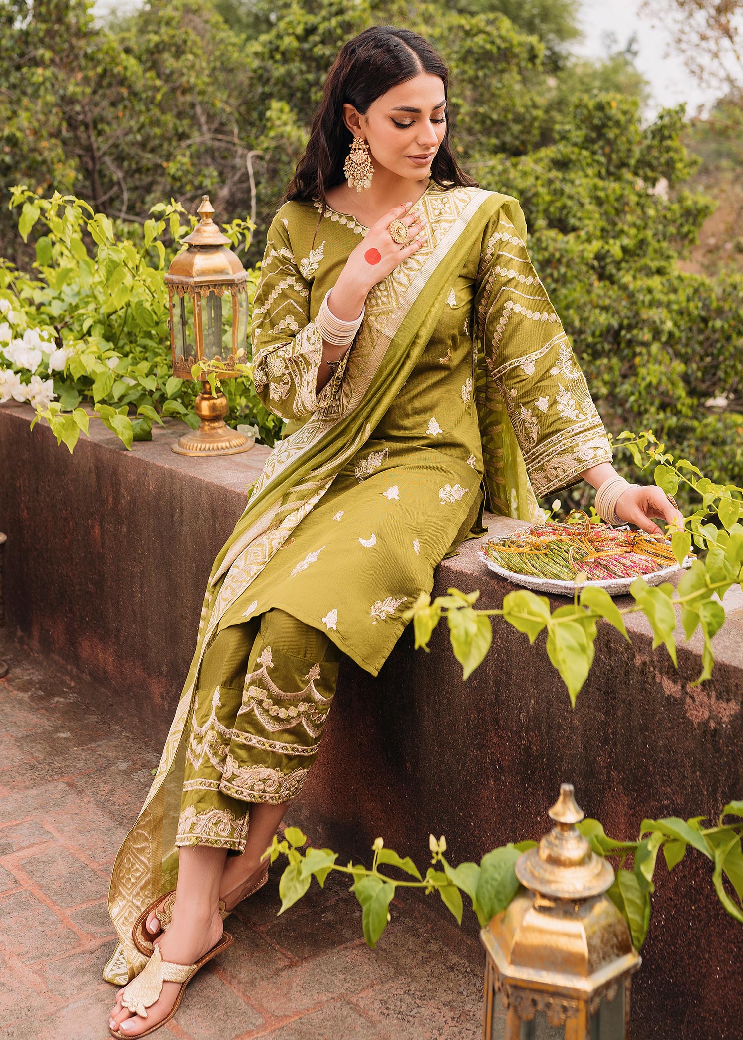 chambray Kurta Set in Olive green