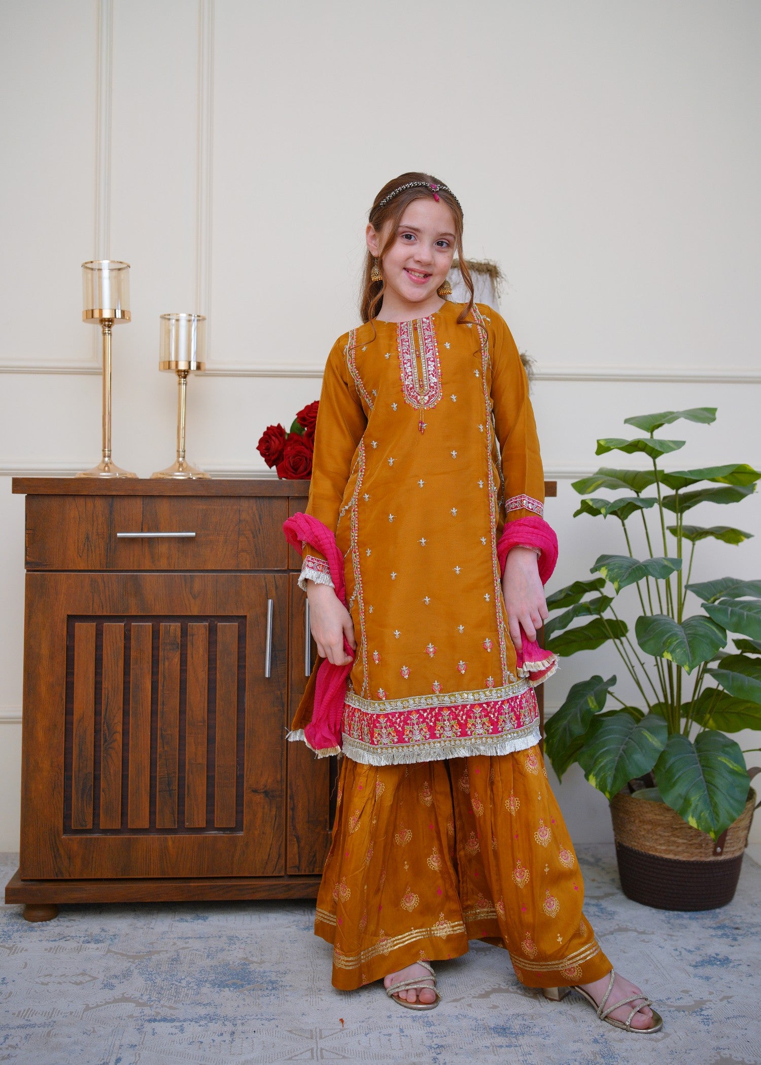 organza Gharara in Mari gold