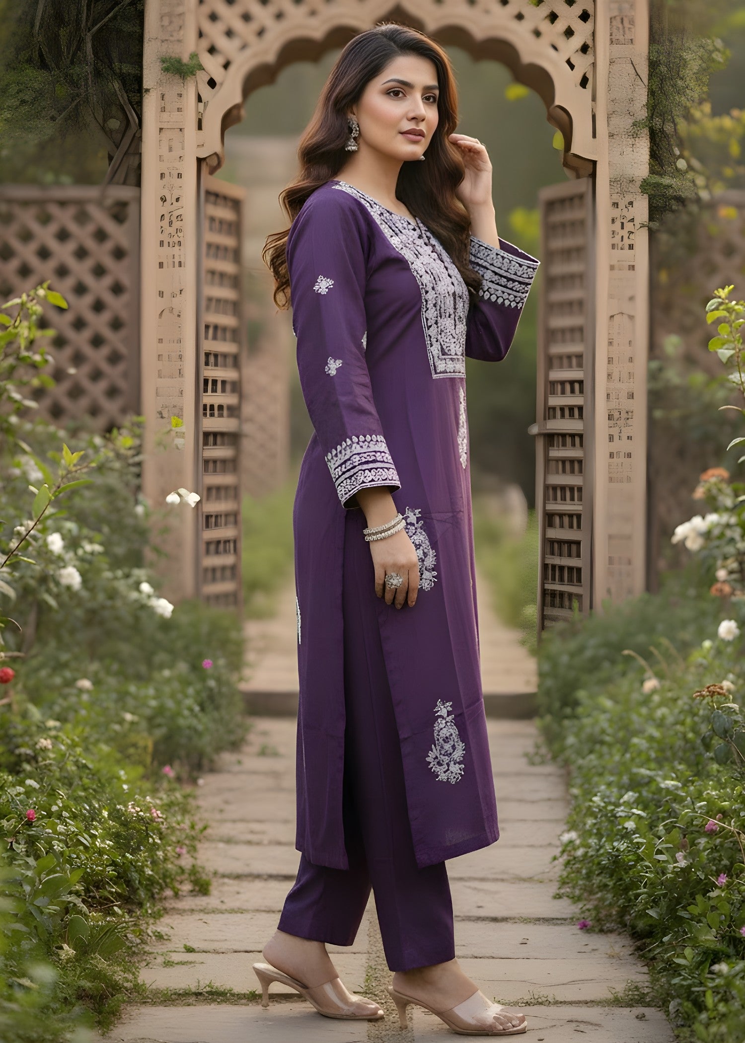 linen Kurta Set in Purple