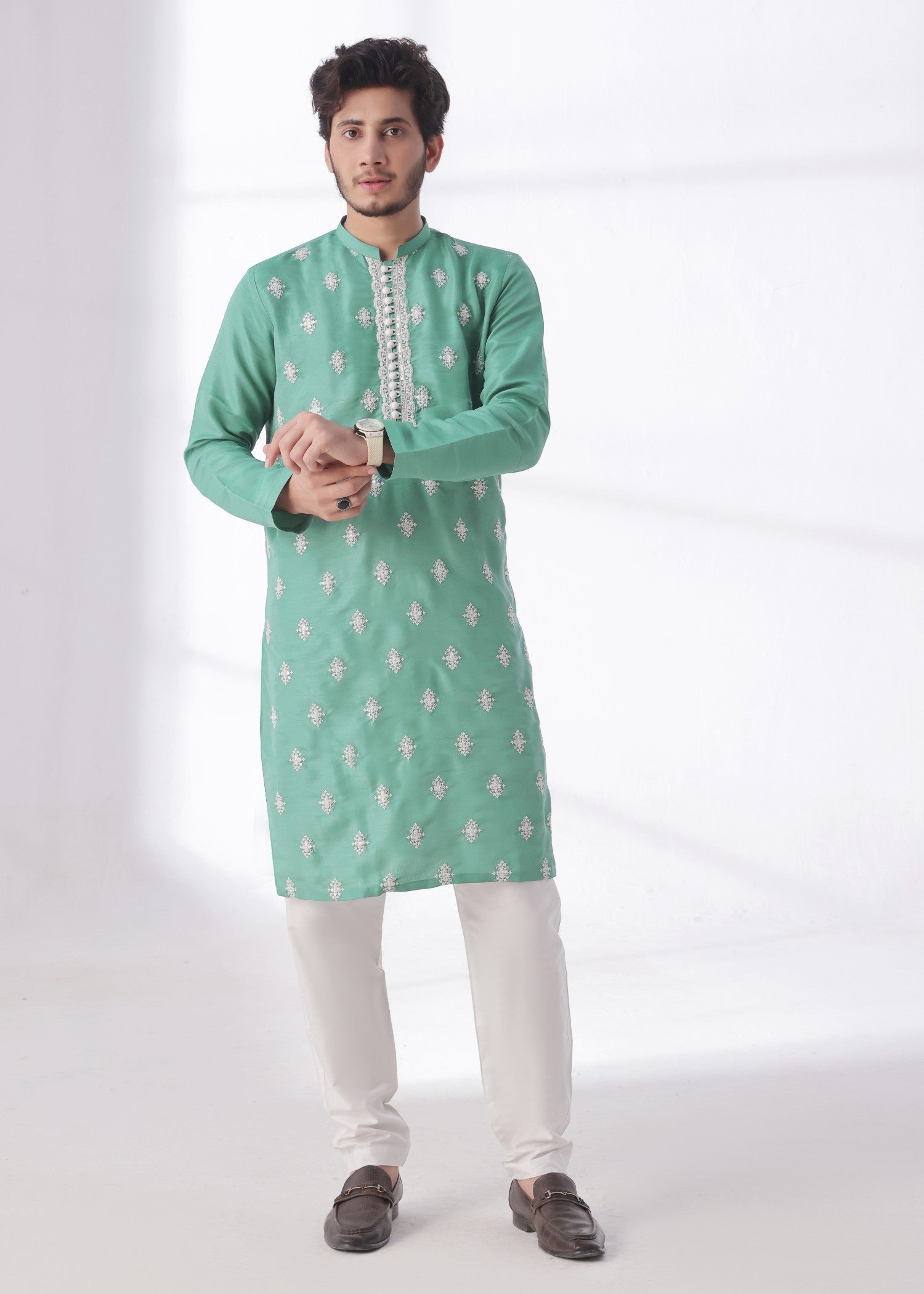 raw silk Kurta Set in Emerald green