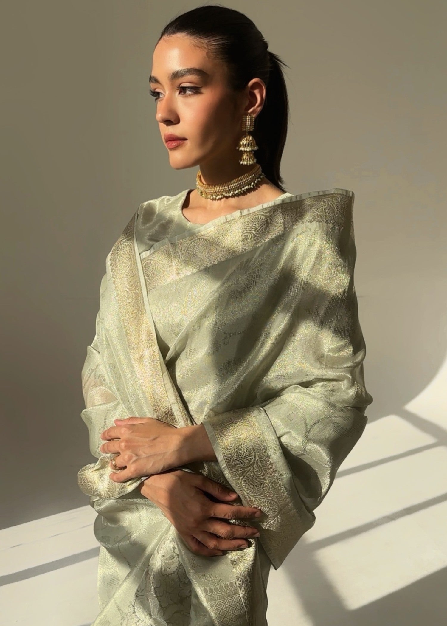 tissue silk Saree in Sage green