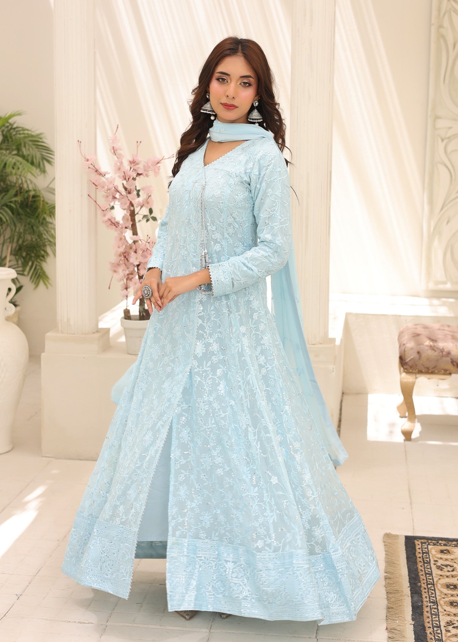 bemberg crinkle chiffon Angrakha in Ice blue
