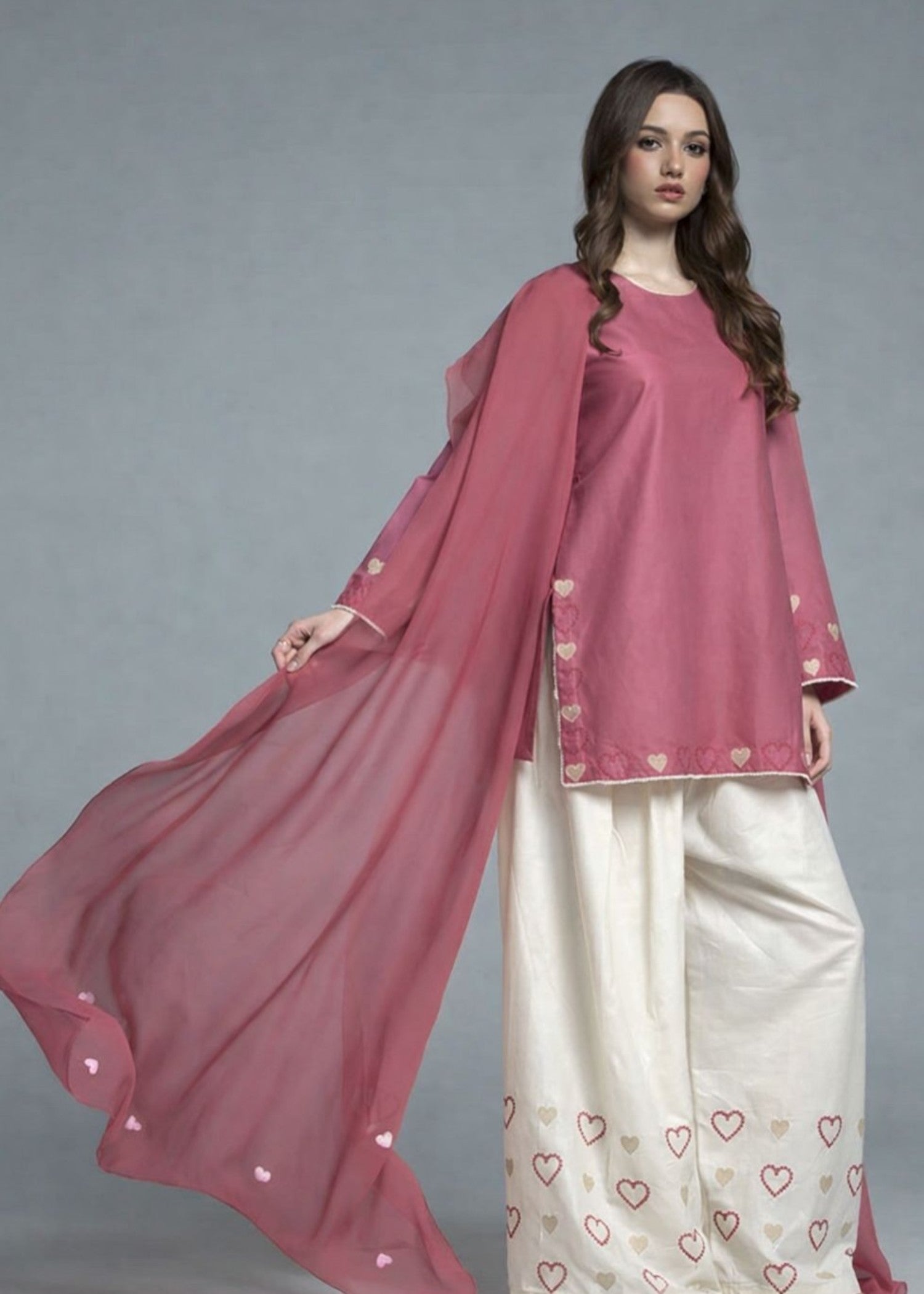 cotton Kurta Set in White, tea rose pink