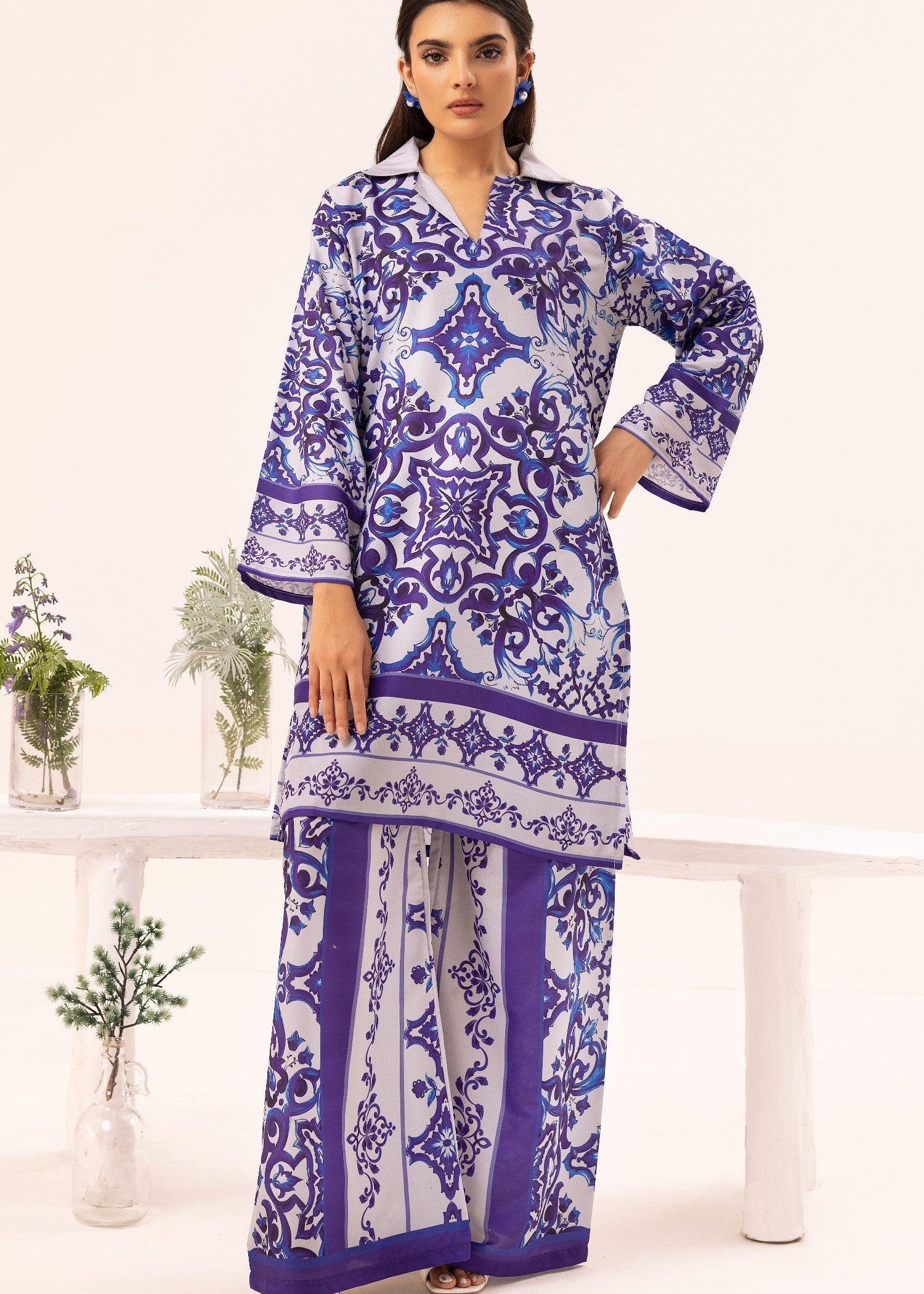 lawn Co Ord Sets in White, purple heart