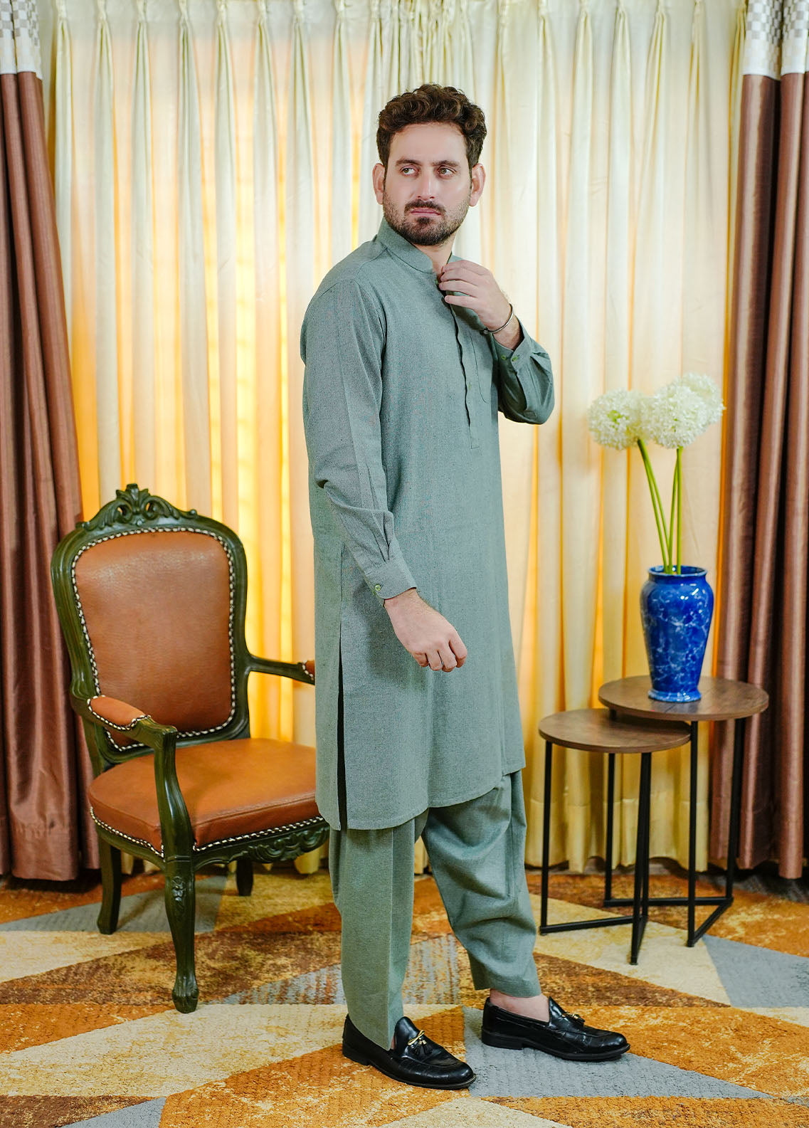 blended wool Shalwar Kameez in Green