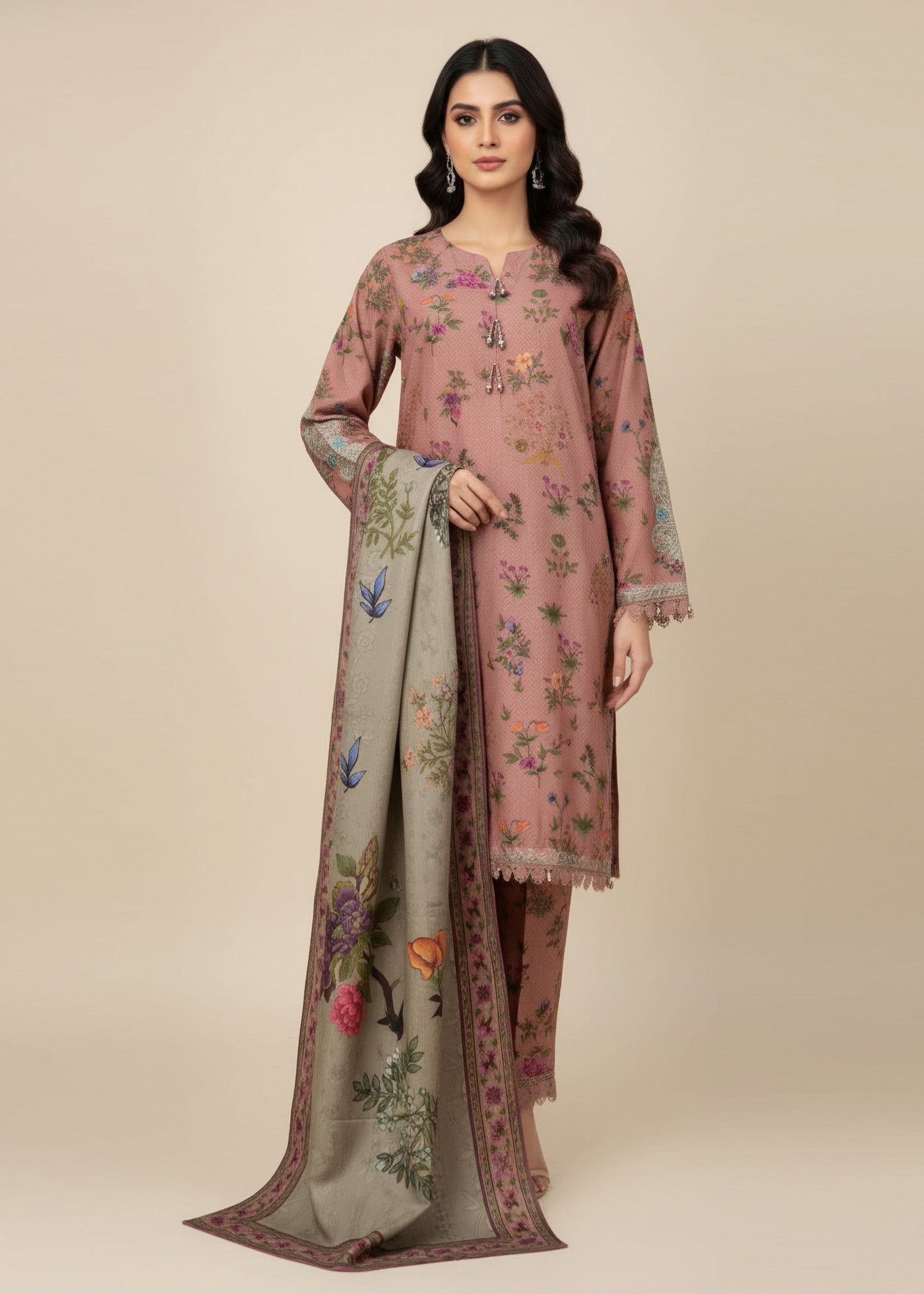 khaddar Kurta Set in Pink sherbert