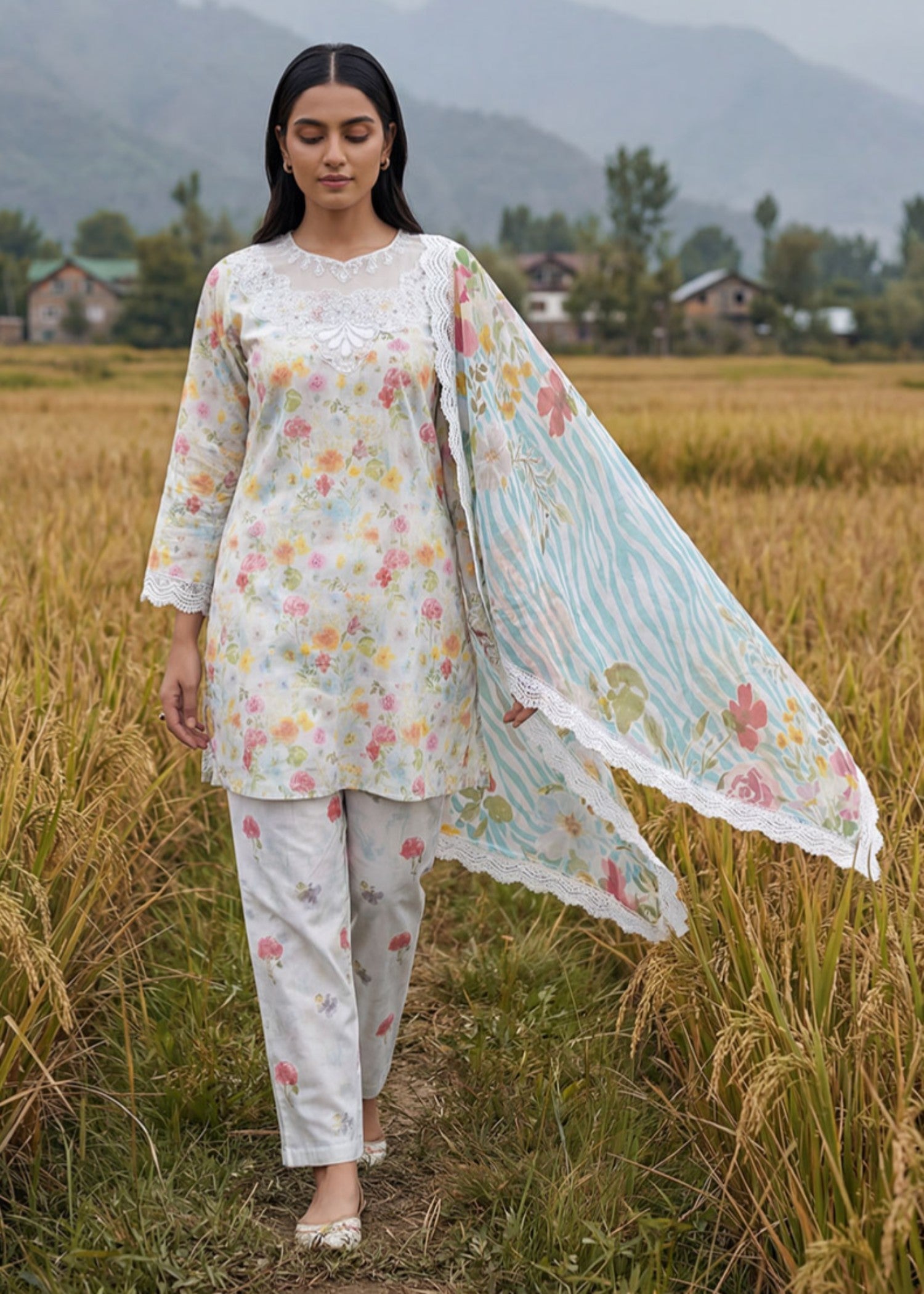 lawn cotton Kurta Set in Light blue