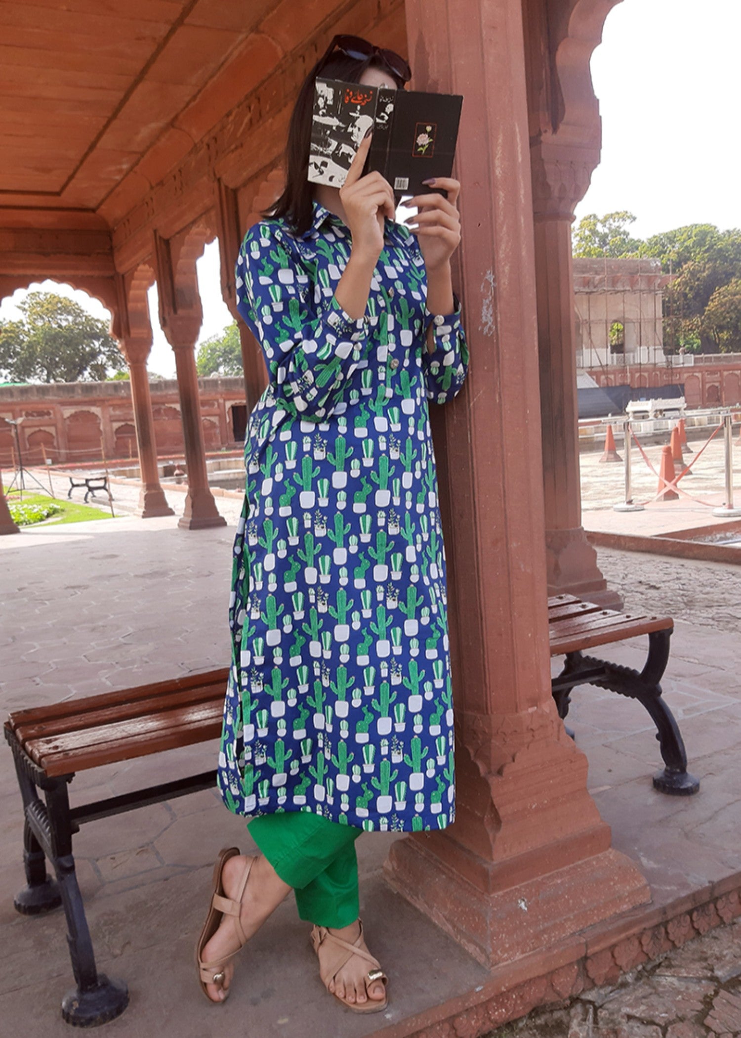 cambric Kurta Set in Blue, green