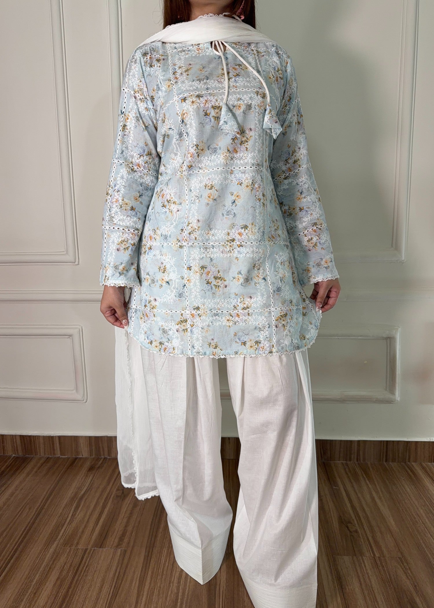 lawn Kurta Set in Off-white, ice blue
