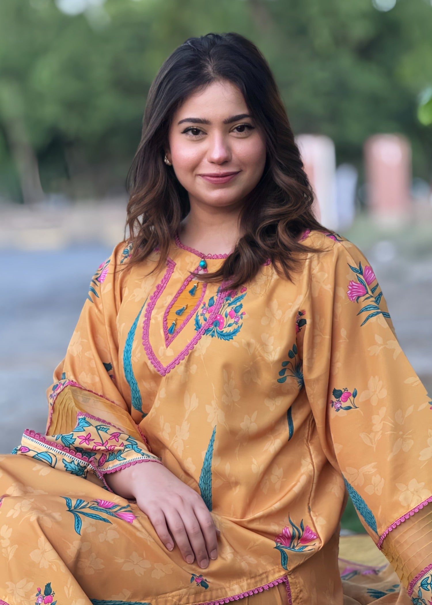 poly lawn Kurta Set in Multi, mellow yellow