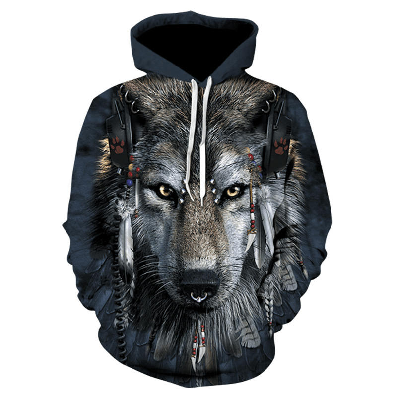Wolf Head Print Men'S Hoodie Sweater Digital