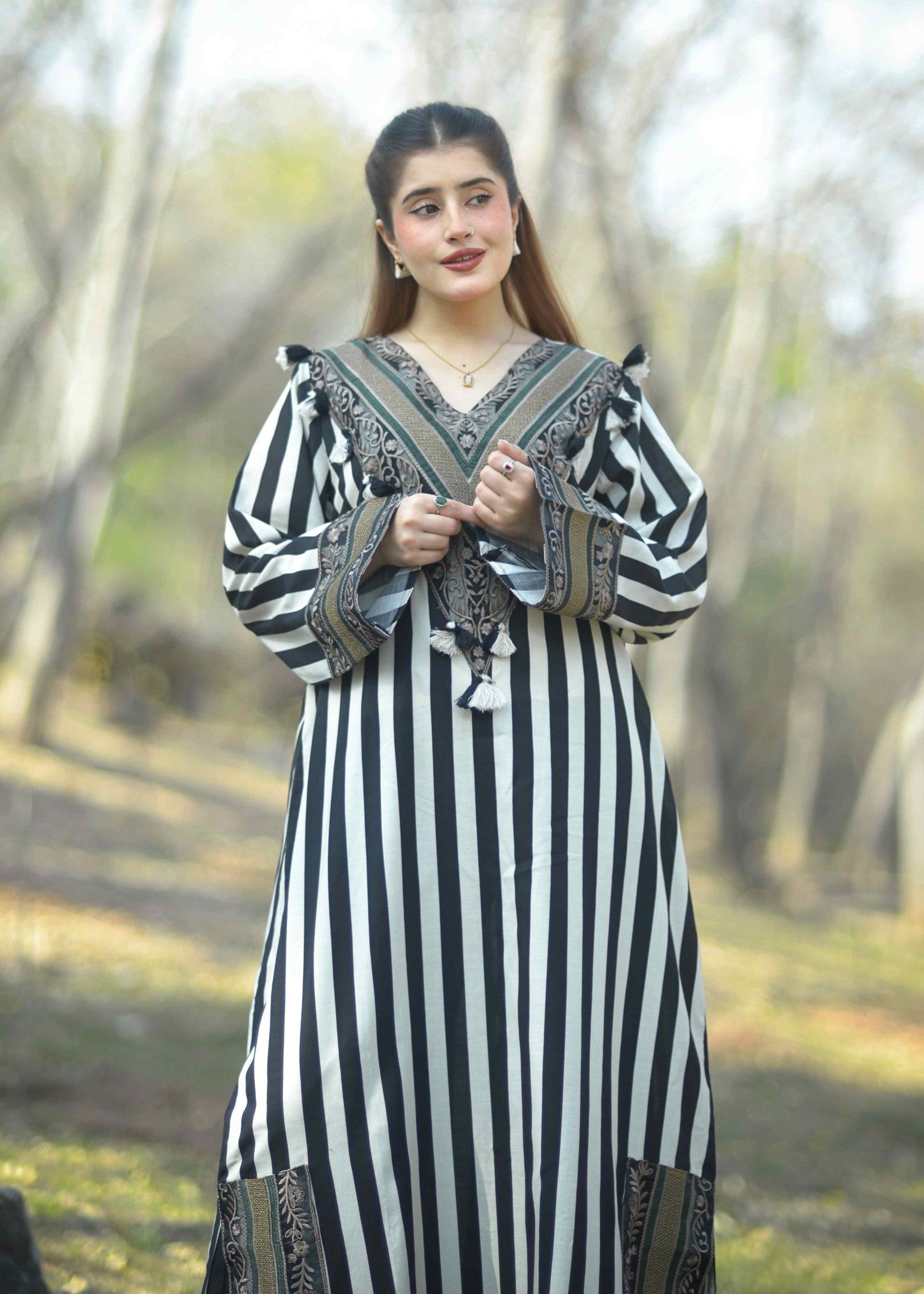 cotton Kaftan in White, black