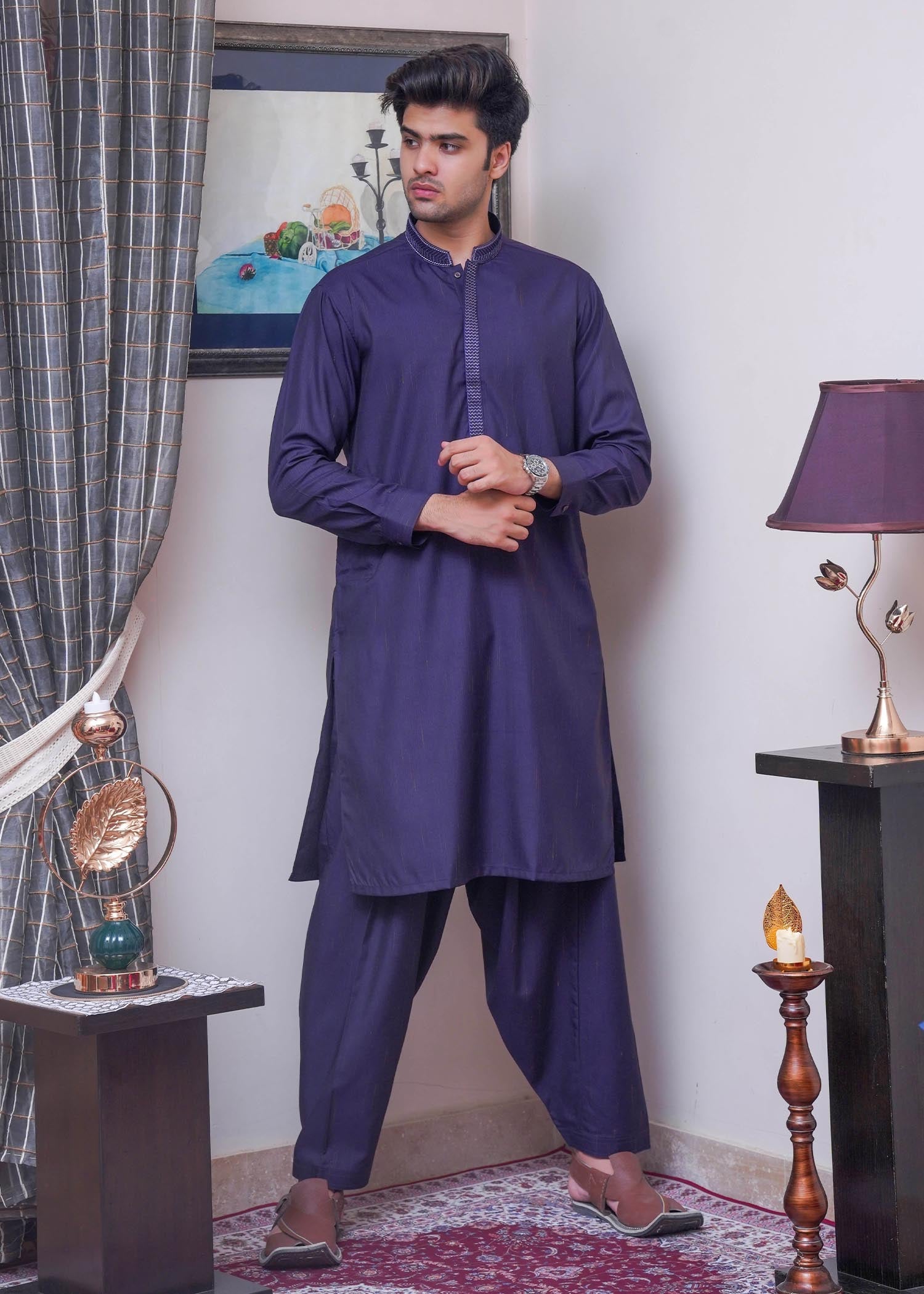 textured wash & wear Shalwar Kameez in Purple