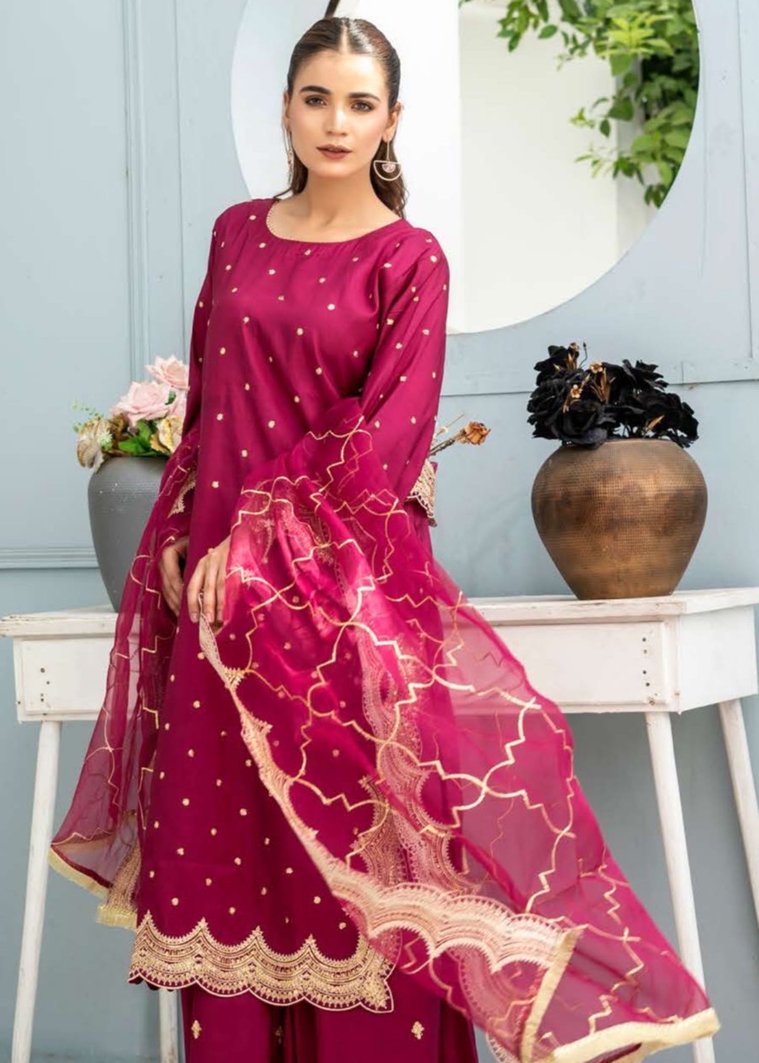 kattan silk Kurta Set in Ruby red