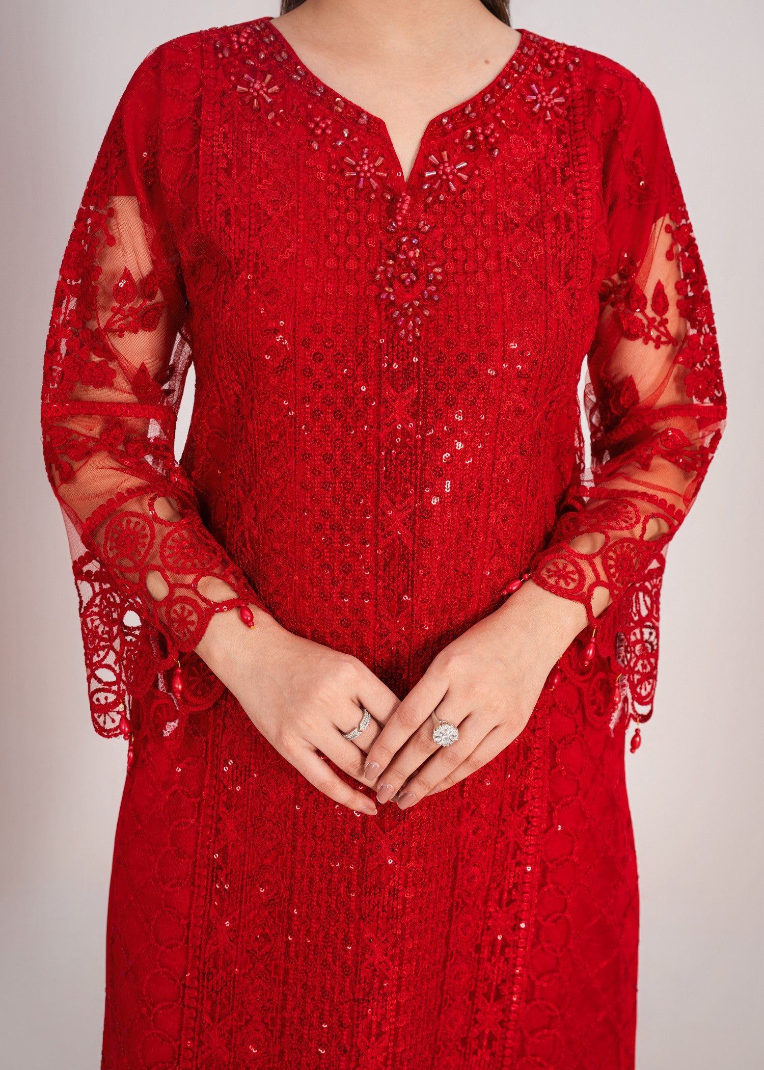 net Kurta Set in Red