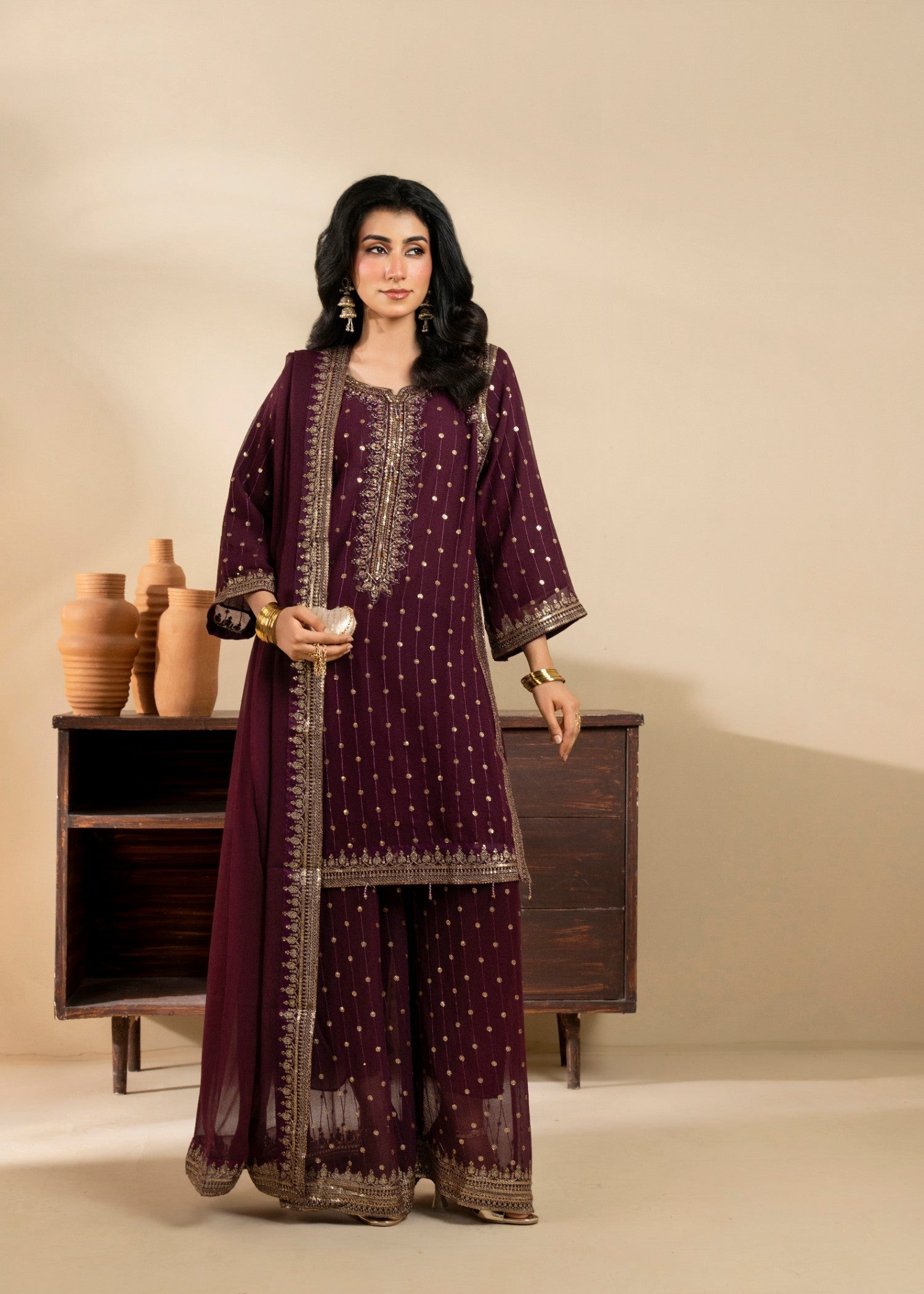 chiffon Kurta Set in Burgundy