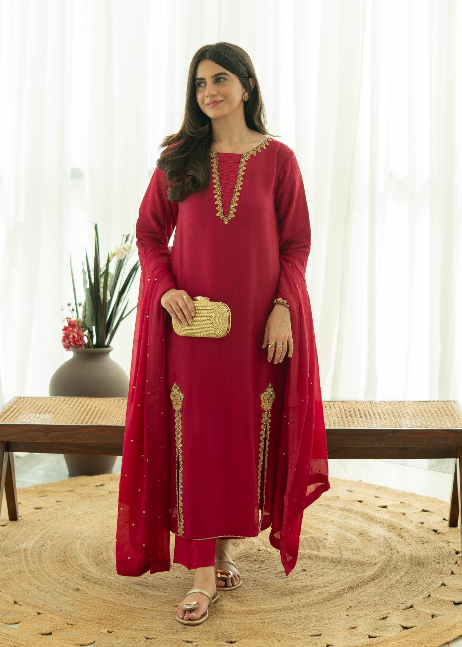 silk Kurta Set in Raspberry pink