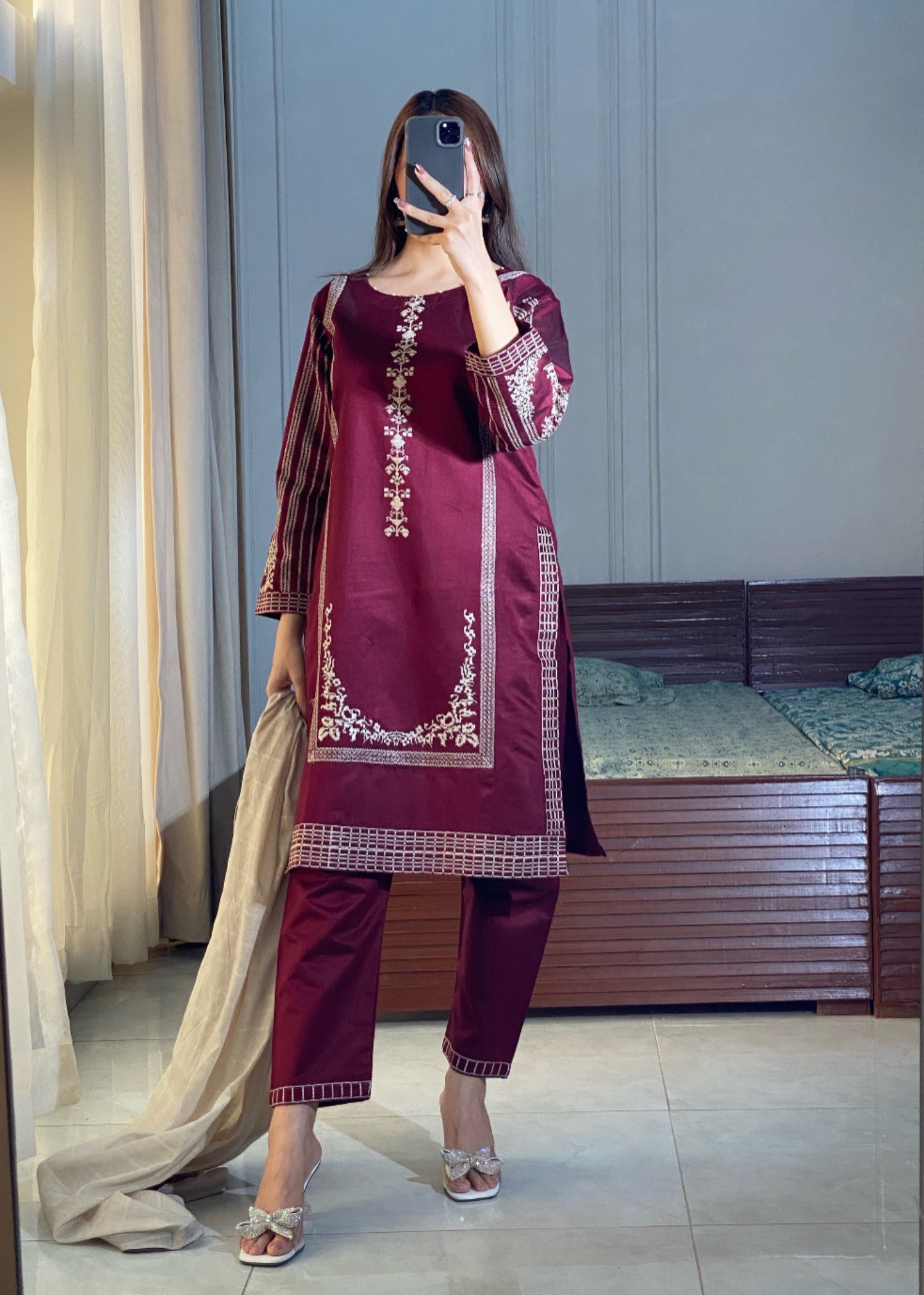 cotton karandi Kurta Set in Burgundy