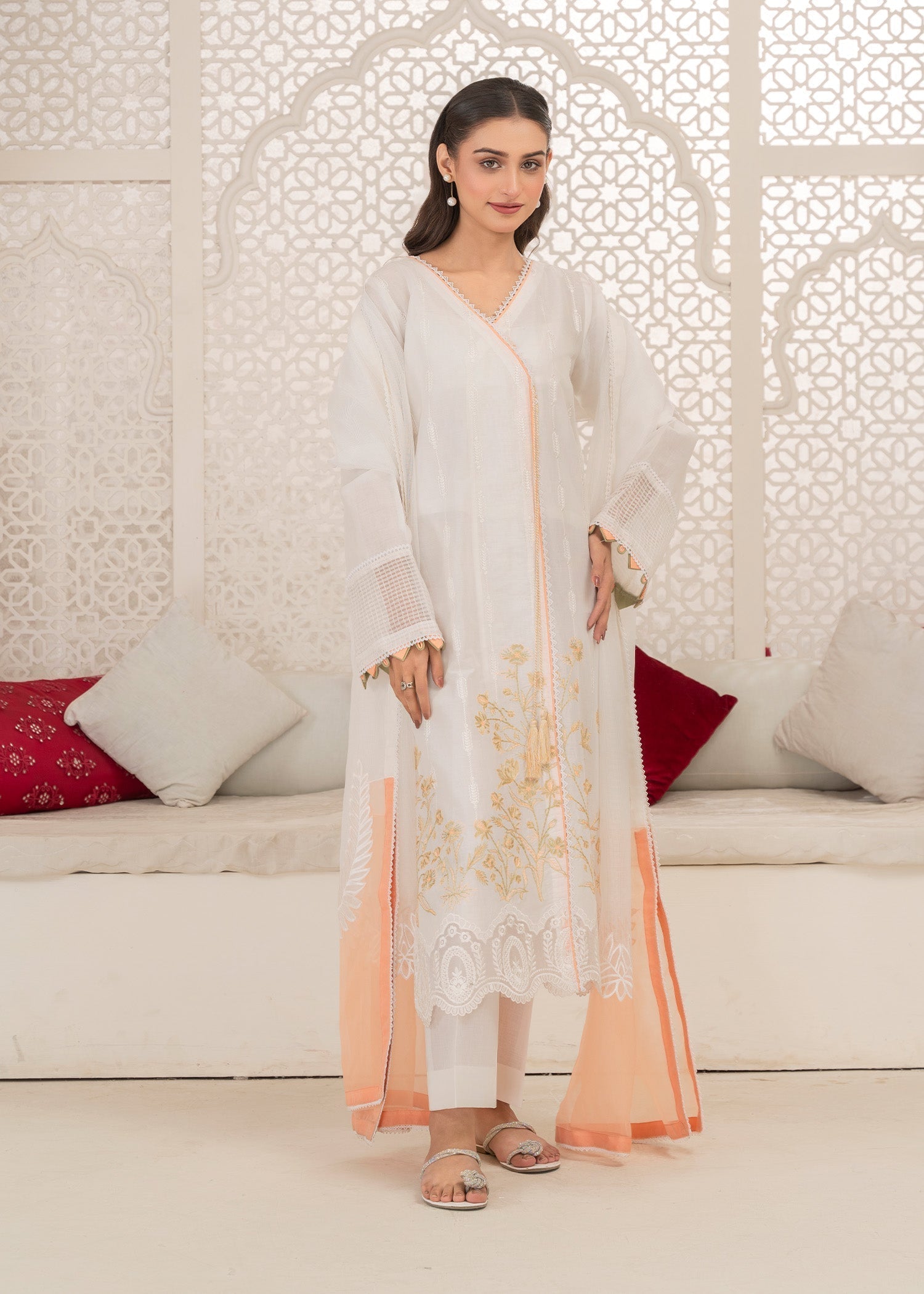 lawn Angrakha in Off-white