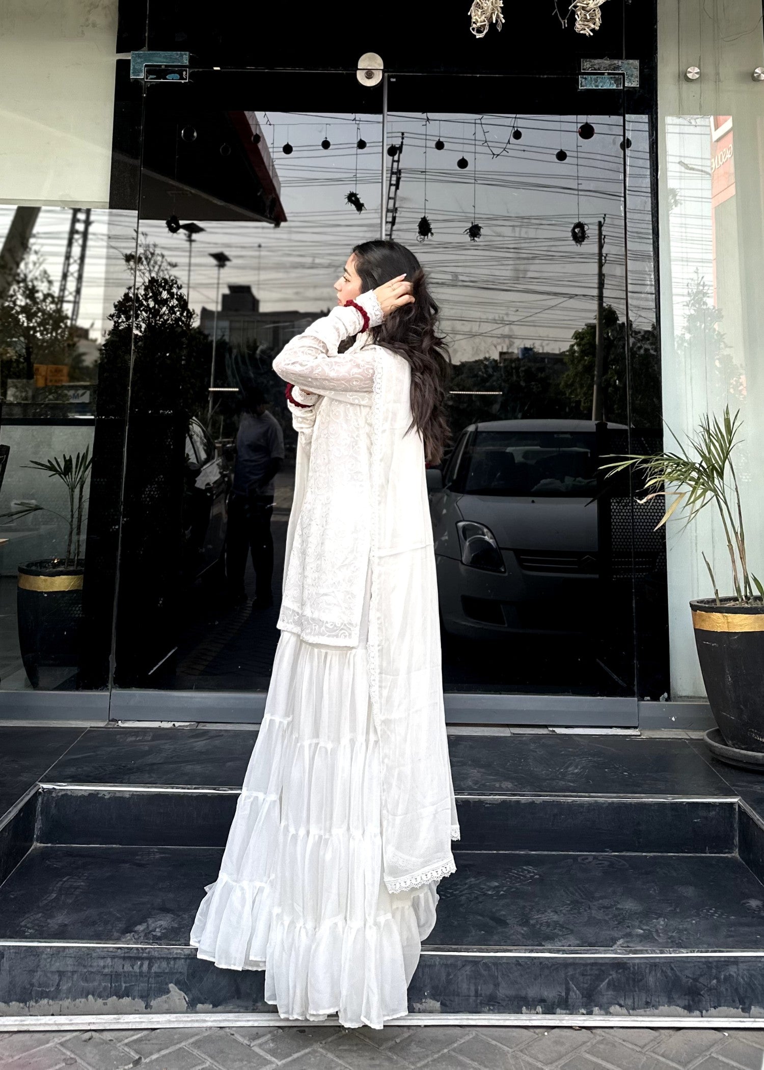 bemberg crinkle chiffon Gharara in Off-white