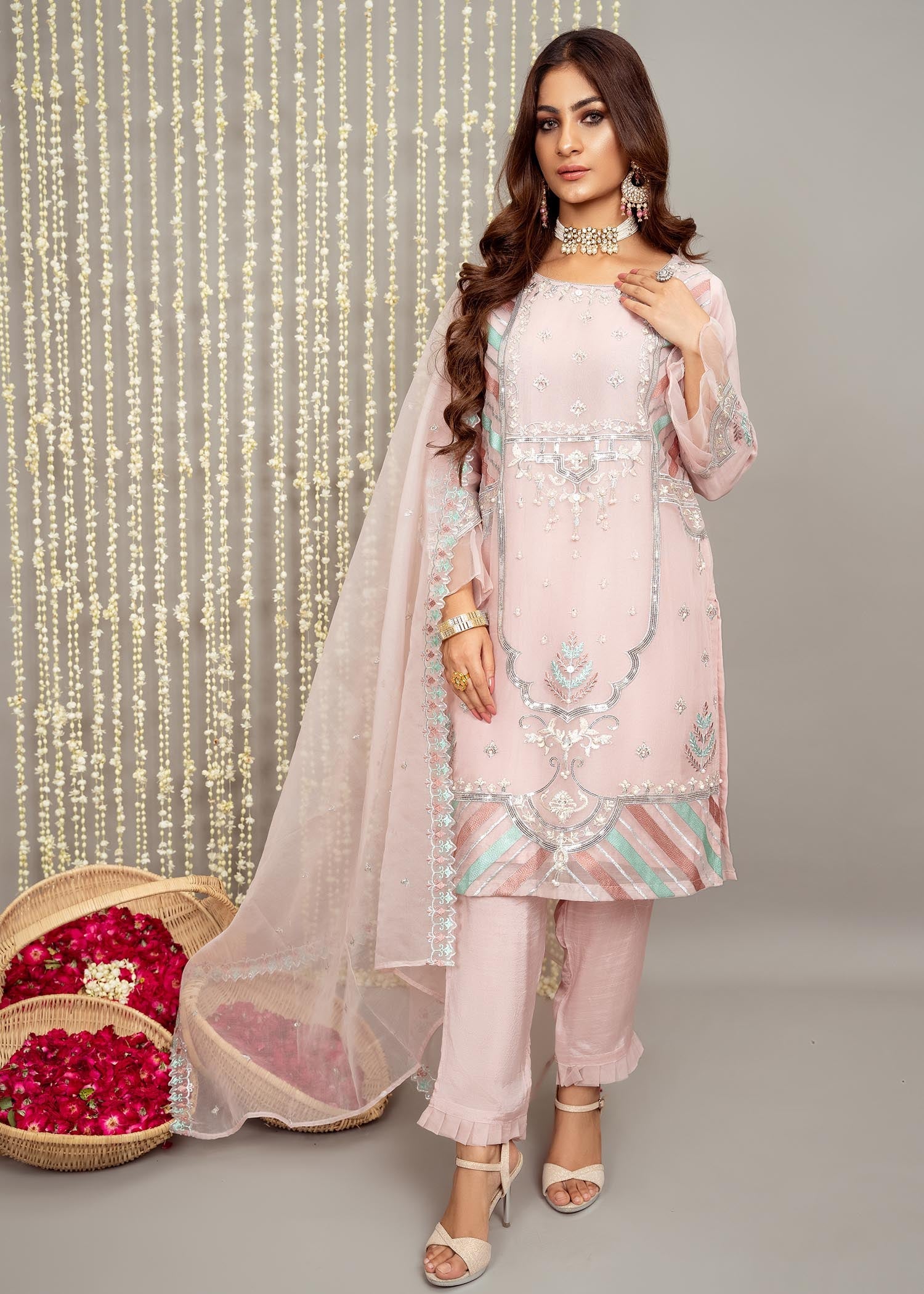 organza Kurta Set in Baby pink