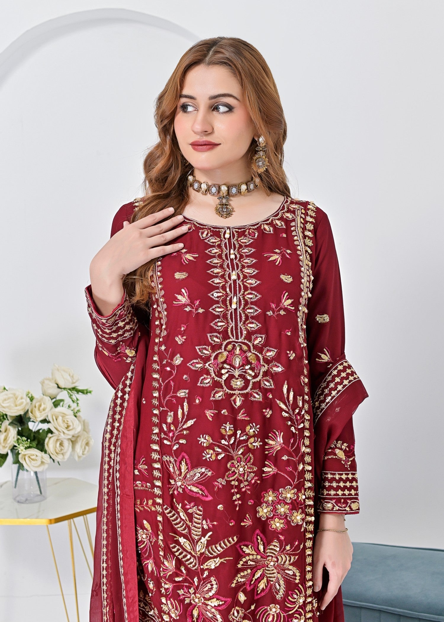 crinkle chiffon Kurta Set in Maroon