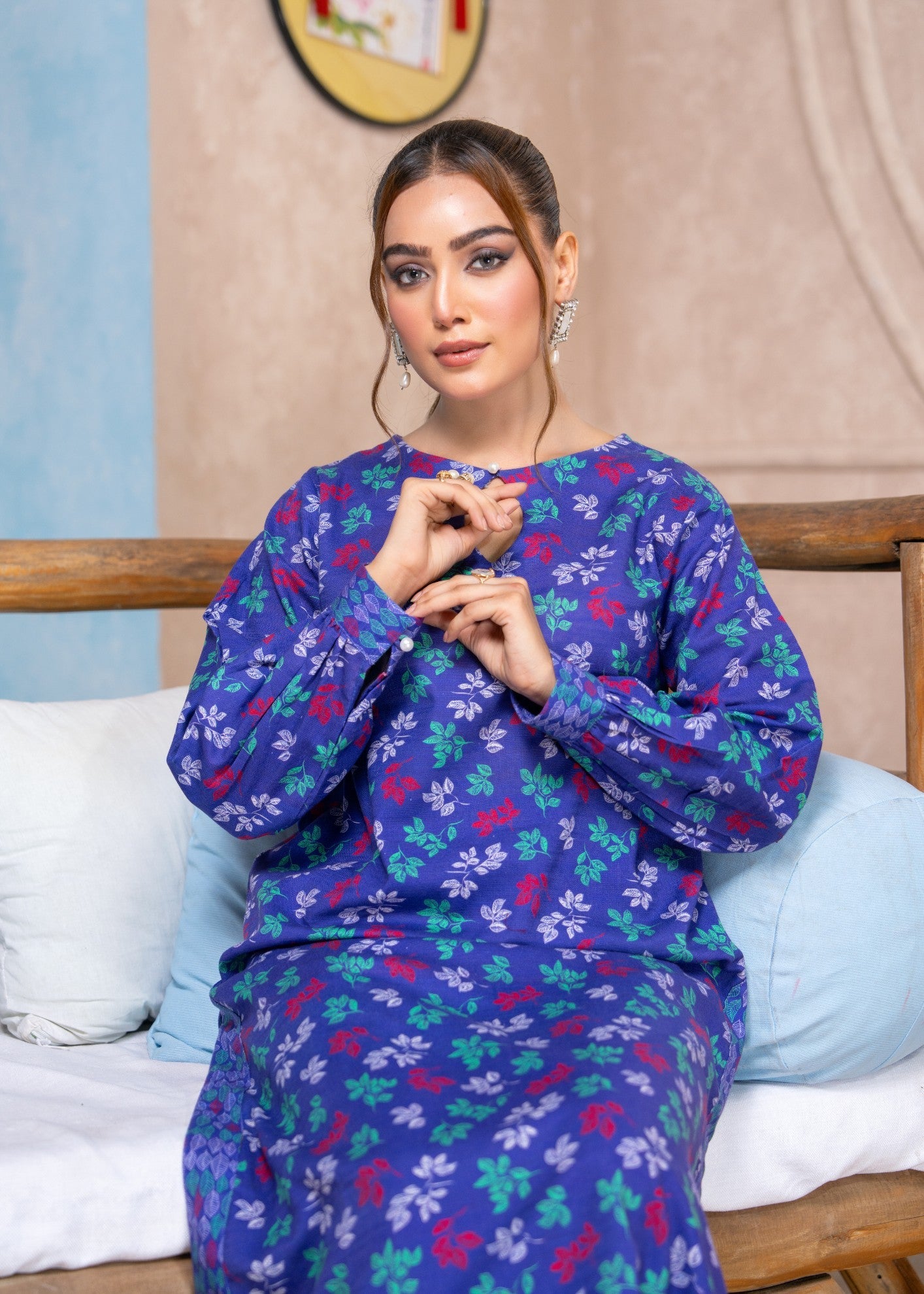 slub khaddar Kurta Set in Royal blue