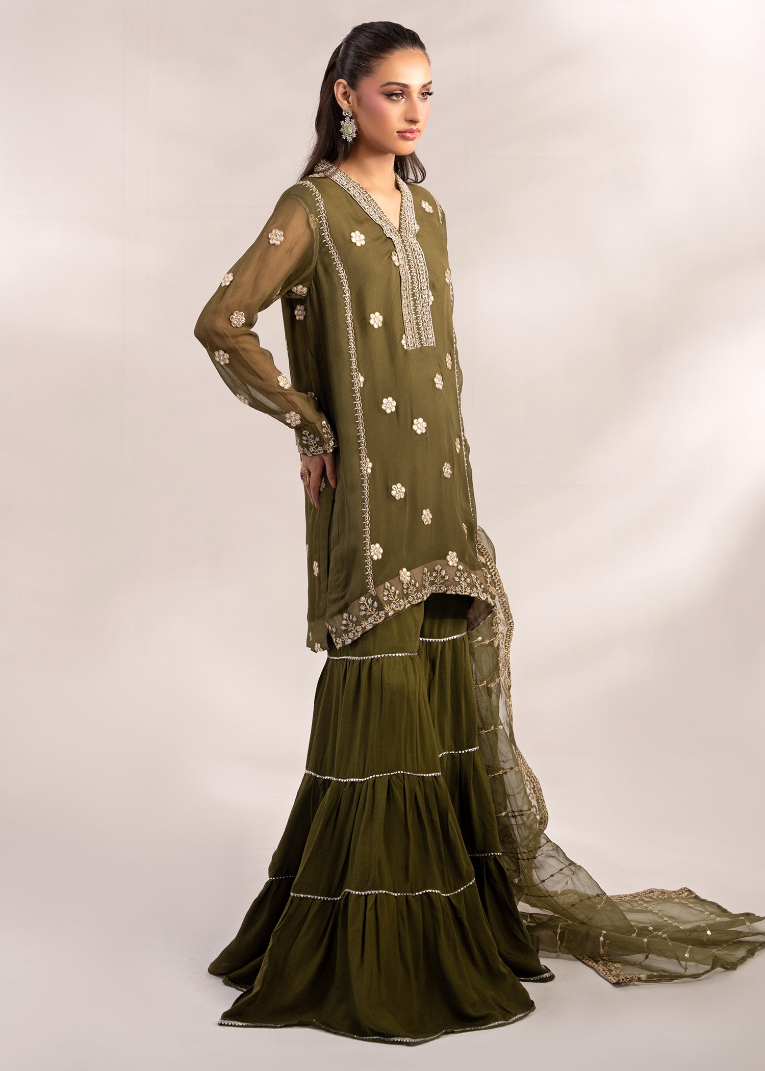 crinkle Gharara in Olive green