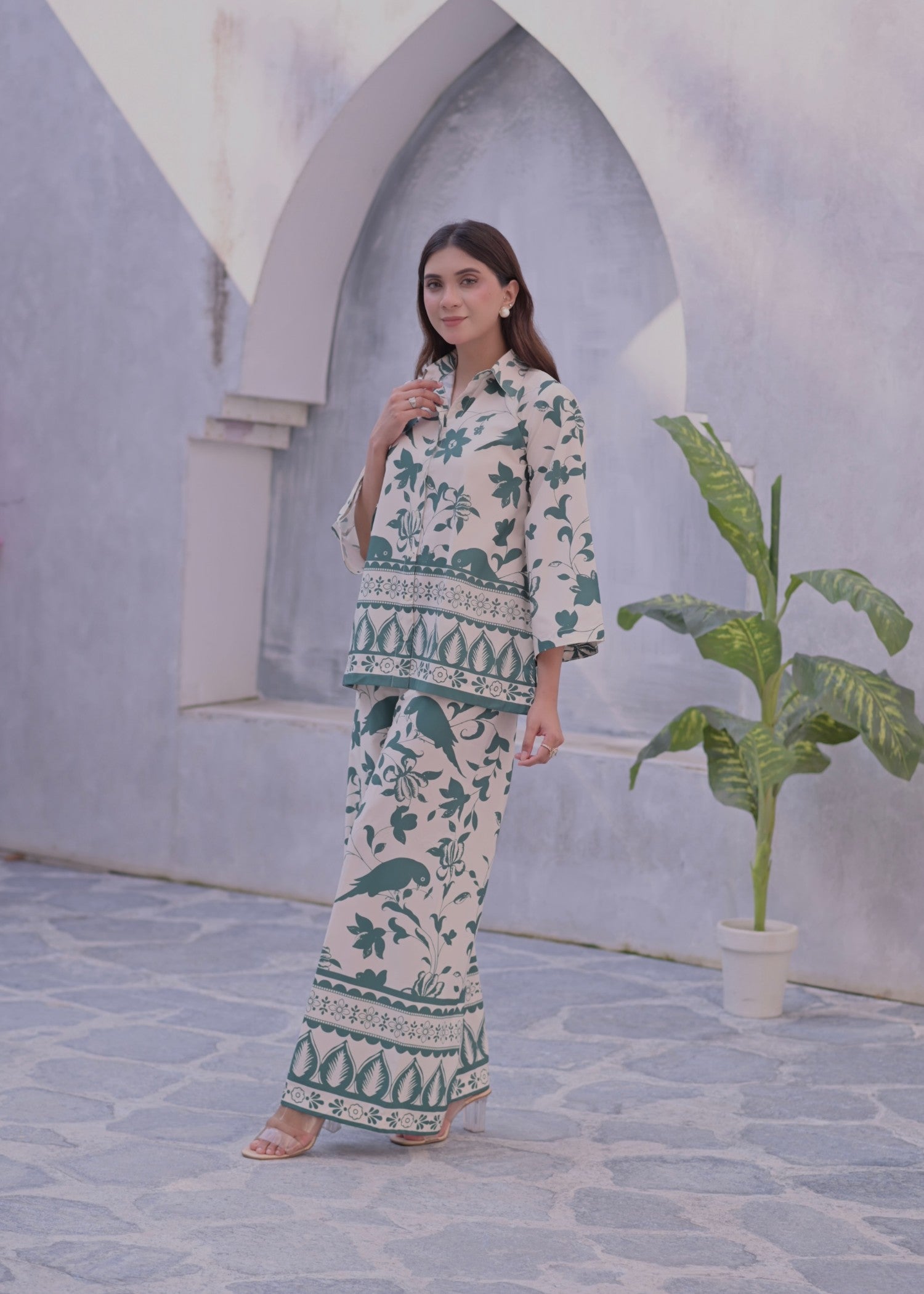 crepe Co ord Sets in Emerald green, ivory