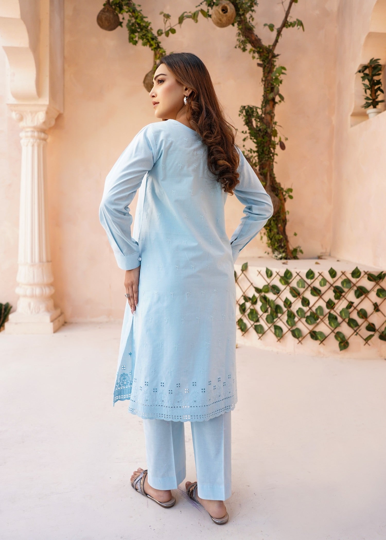 schiffli Kurta Set in Ice blue