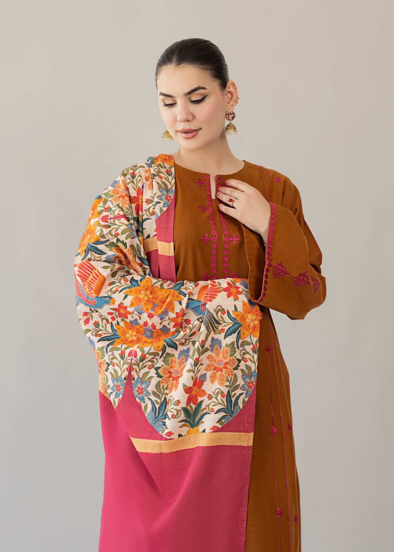 slub khaddar Kurta Set in Brown