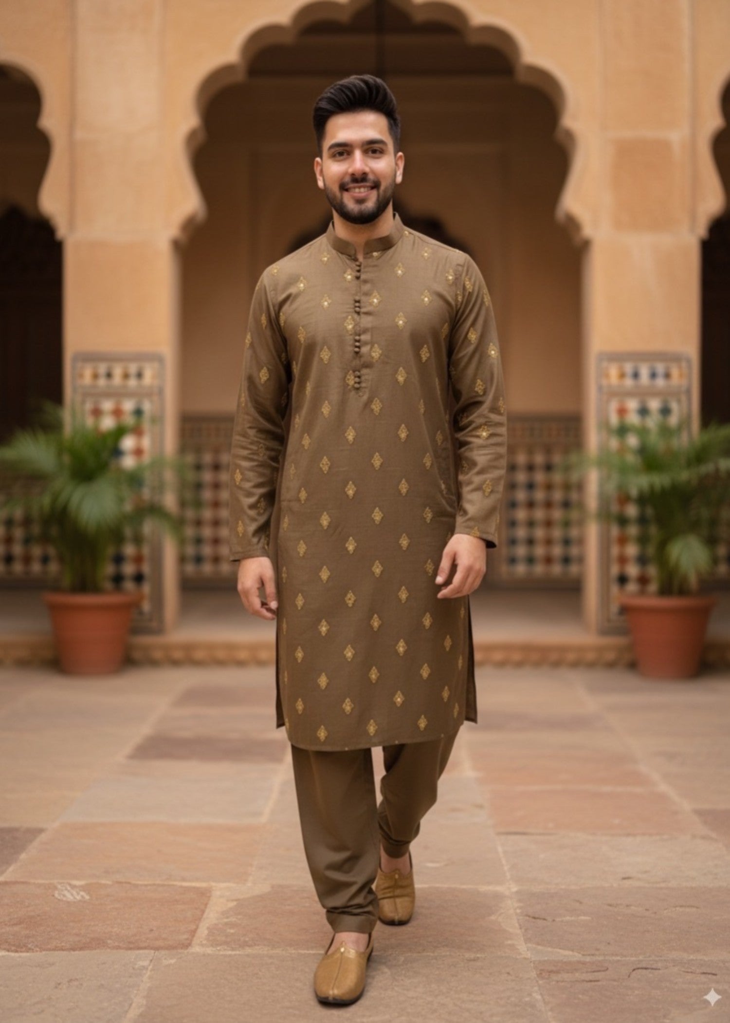 raw silk Kurta Set in Dark brown
