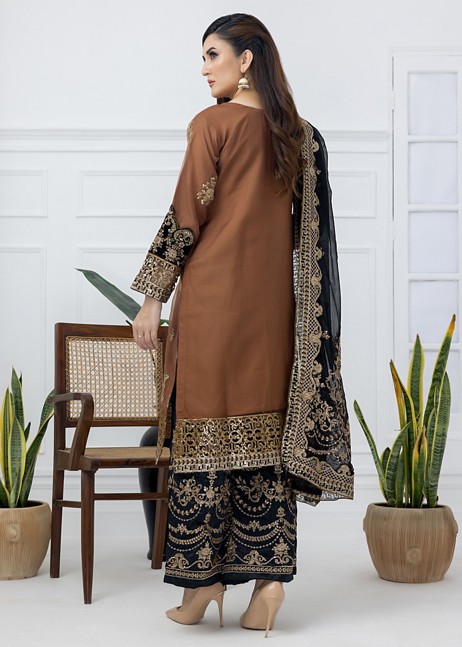 organza Kurta Set in Camel brown