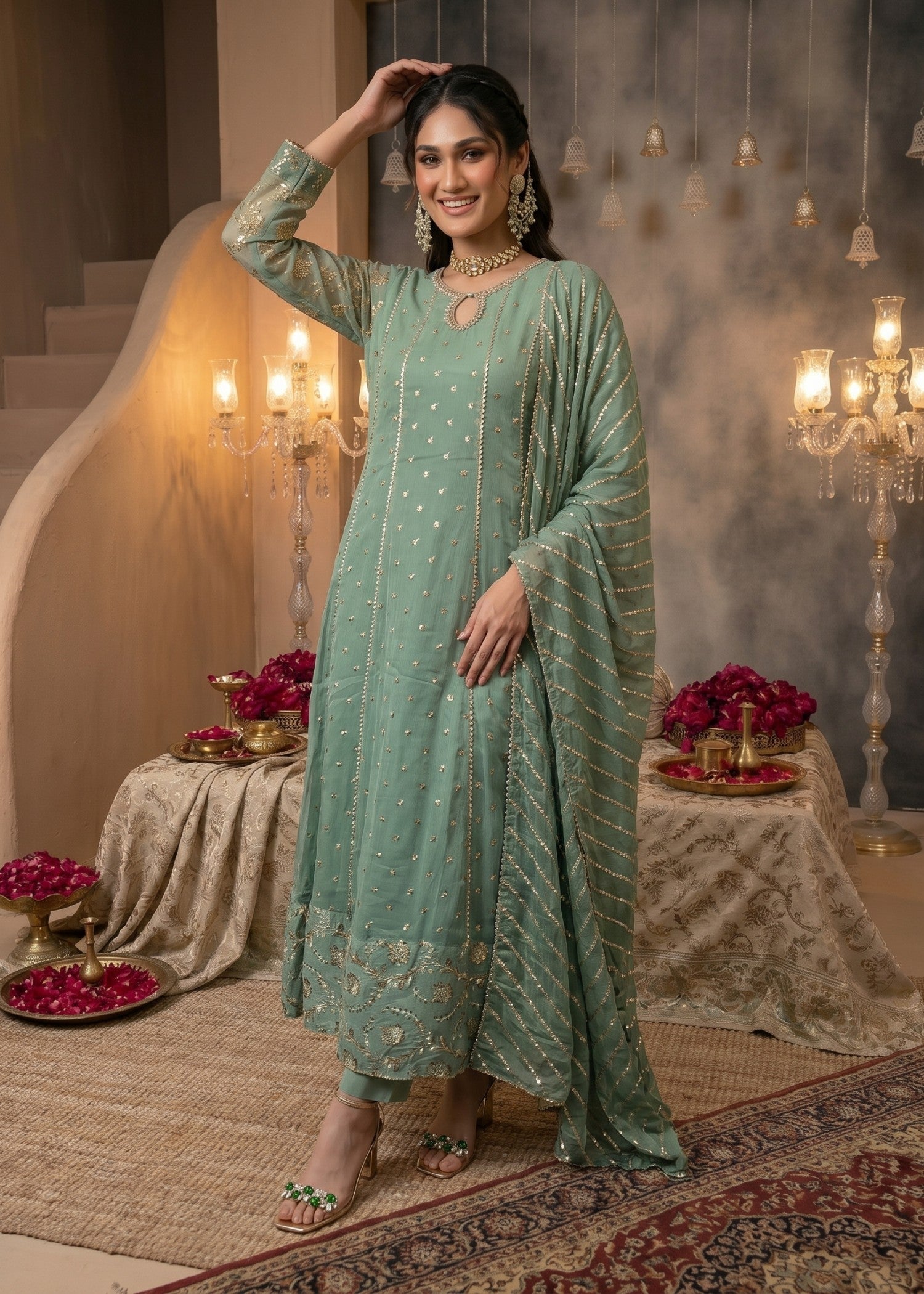 chiffon Anarkali in Mint green