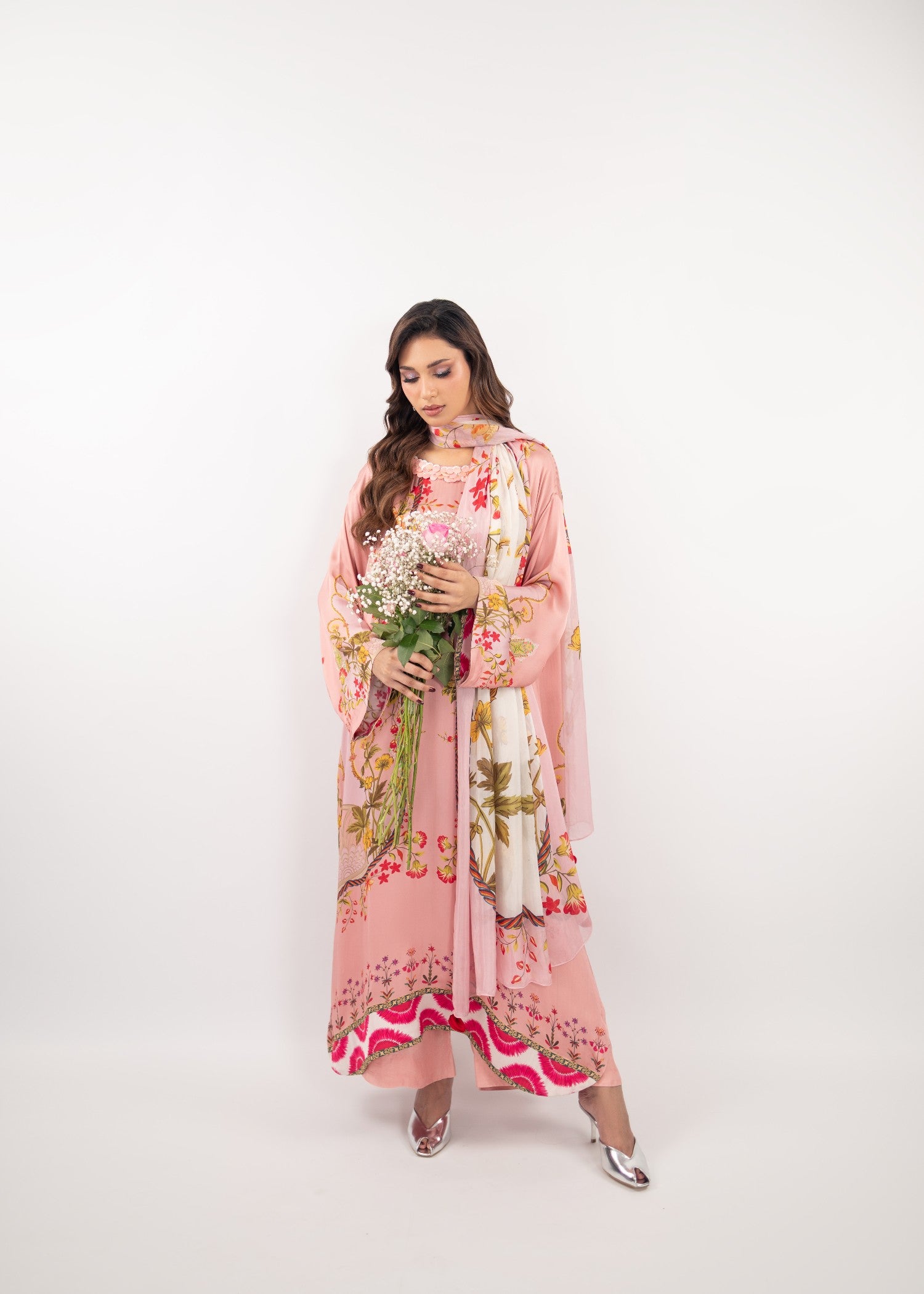 silk charmeuse Kurta Set in Baby pink