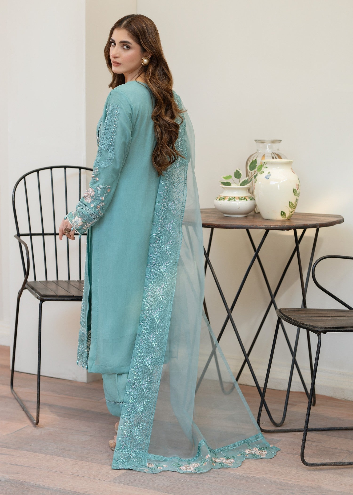 chiffon Kurta Set in Dark cyan