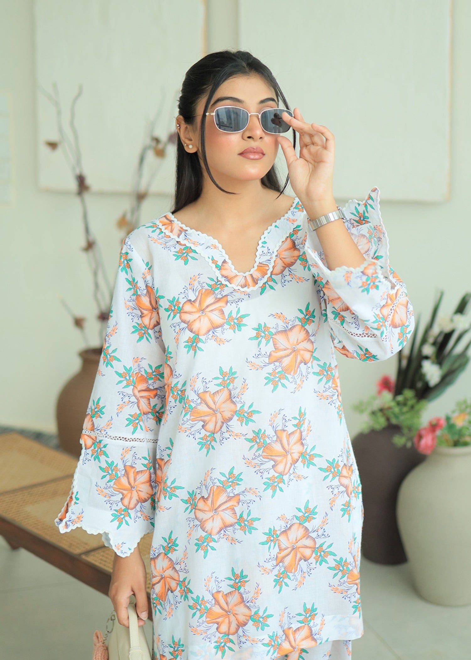 lawn Co Ord Sets in White, jade green, peach orange