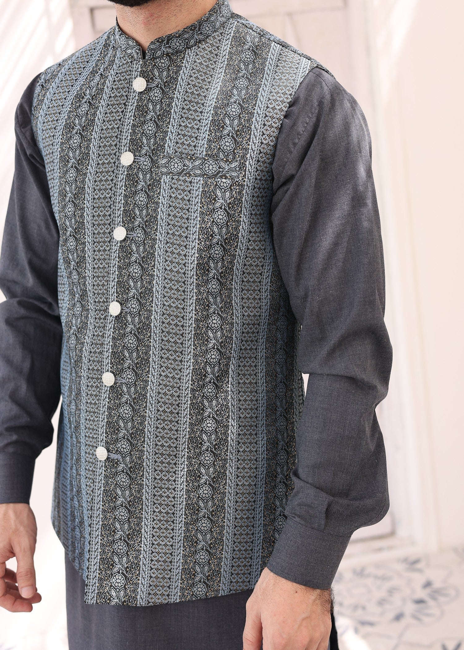 jamawar Waistcoat in Shadow blue