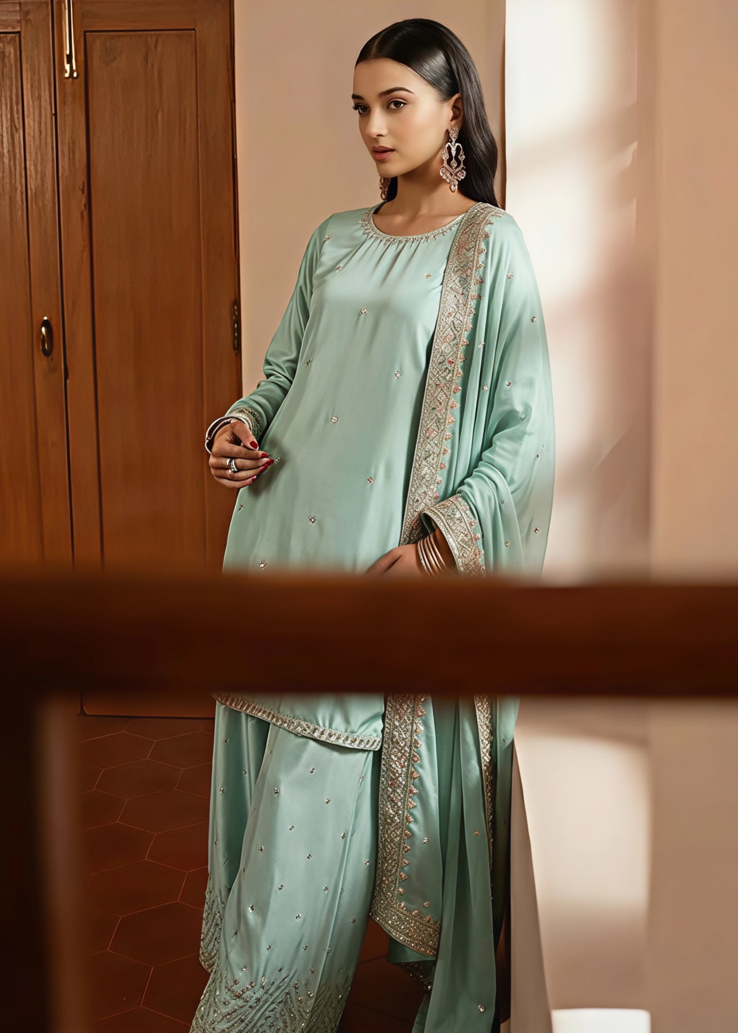 silk Kurta Set in Moss green