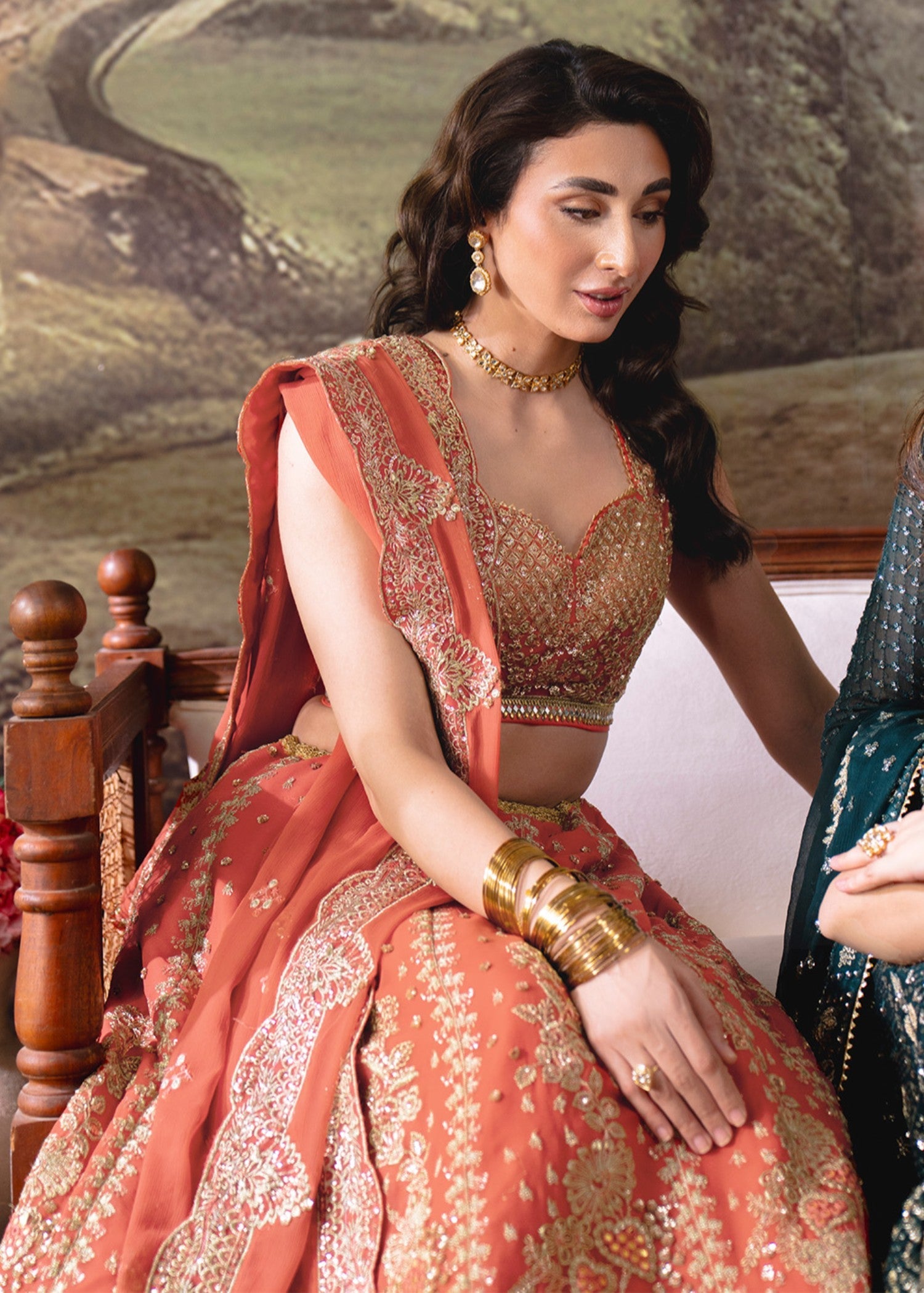 chiffon Lehenga in Coral orange