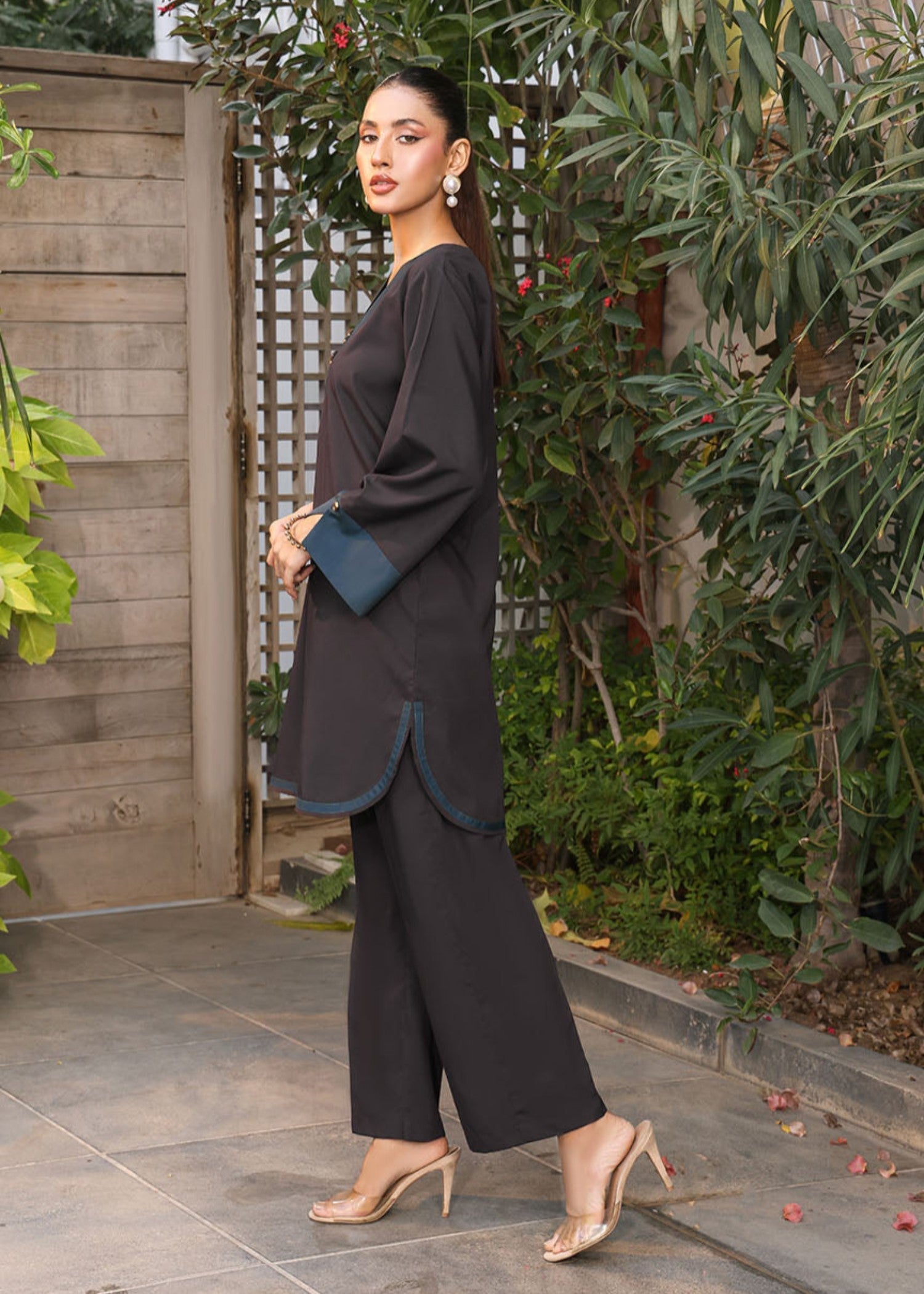 blended satin Co ord Sets in Blue, dark brown