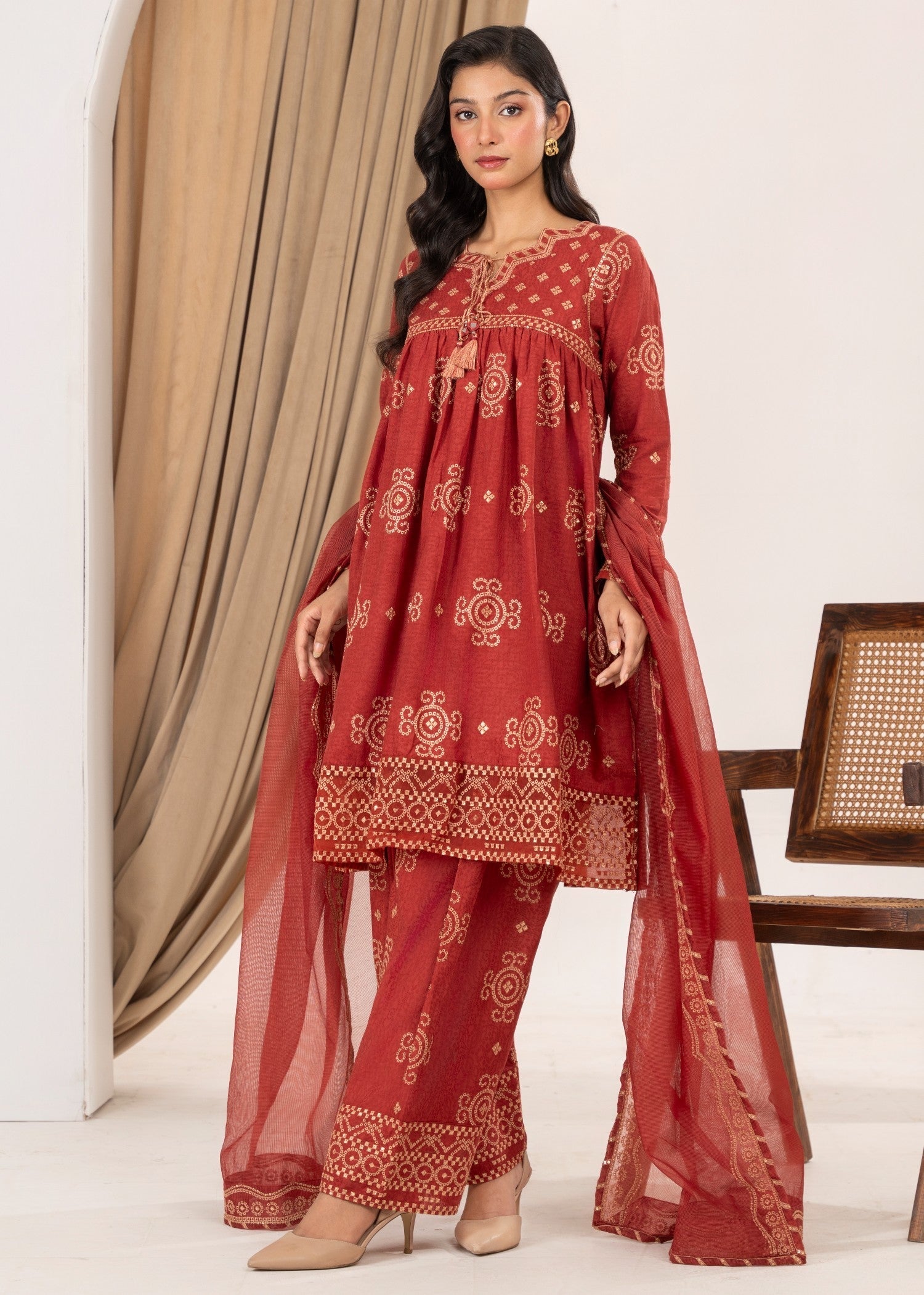 cotton Short Frock in Chili red
