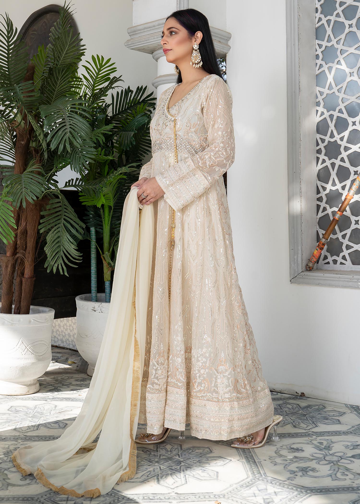 chiffon Angrakha in Off-white