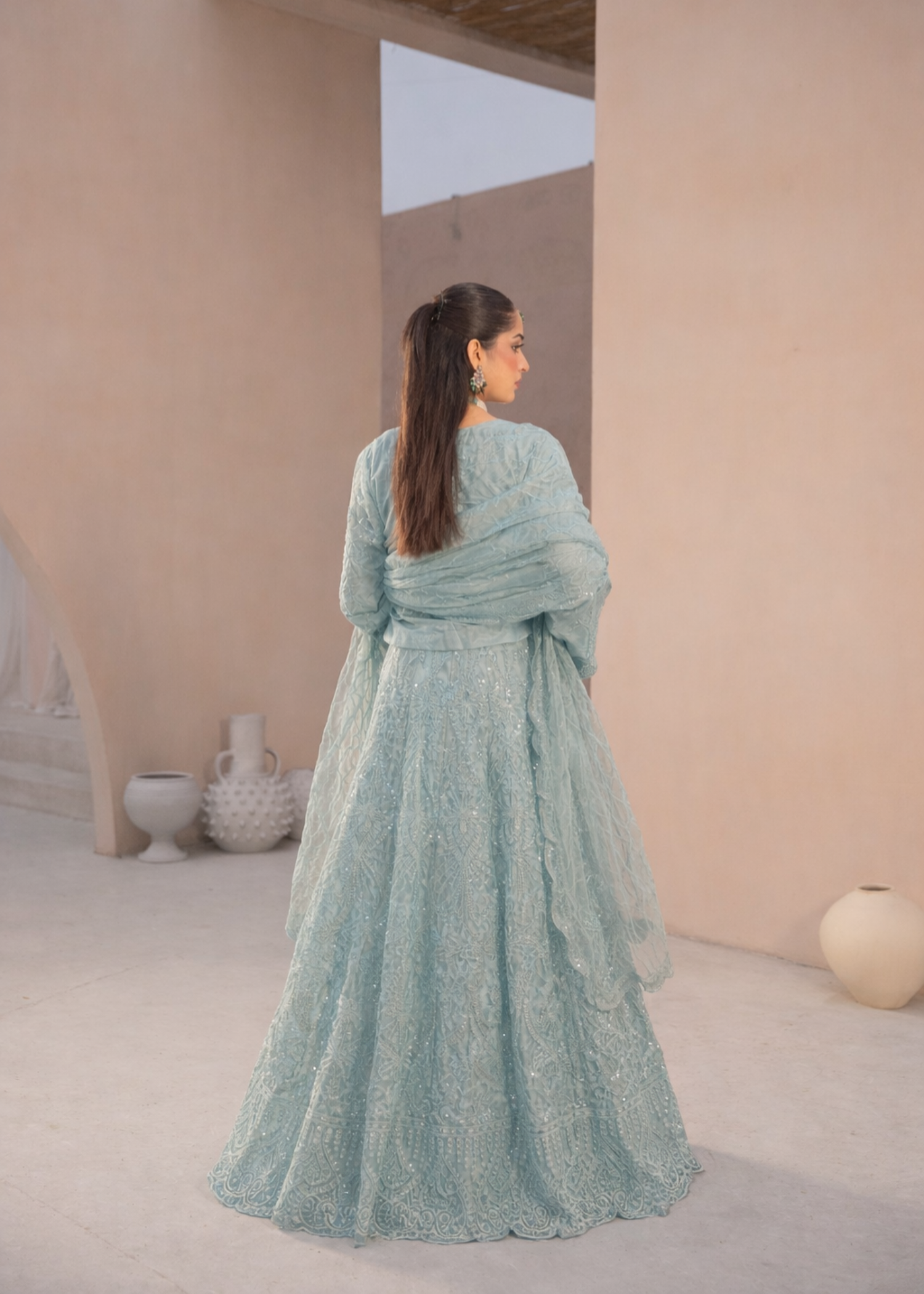net Lehenga in Ash grey