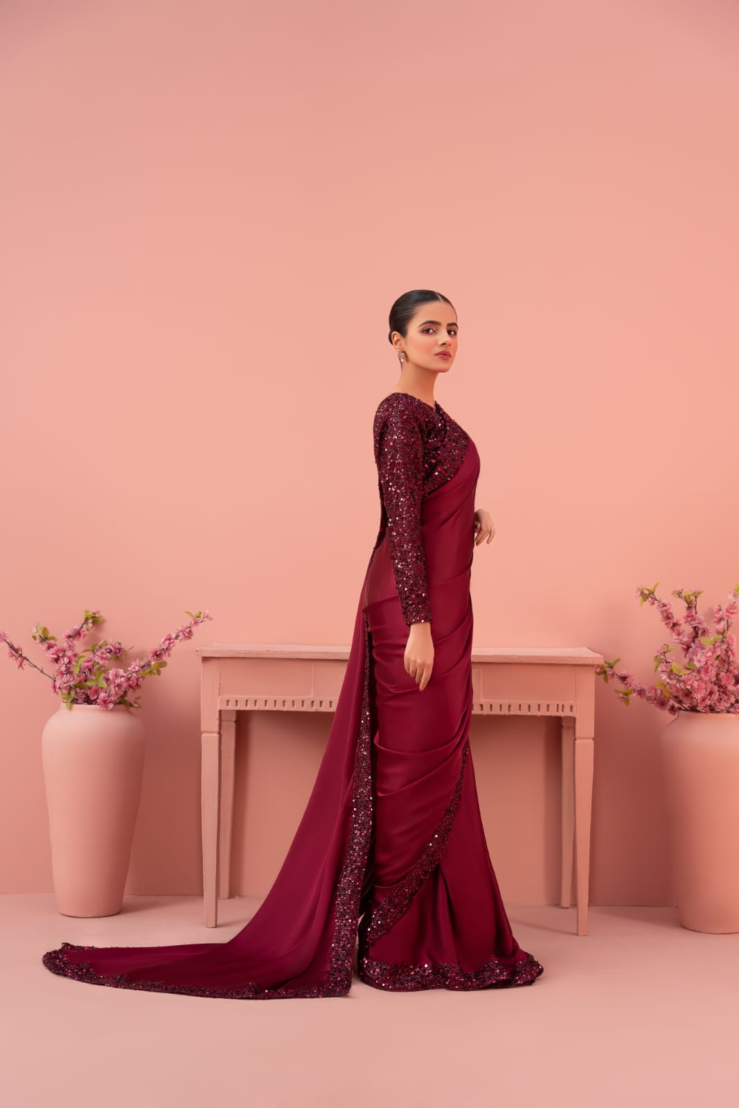net Saree in Maroon