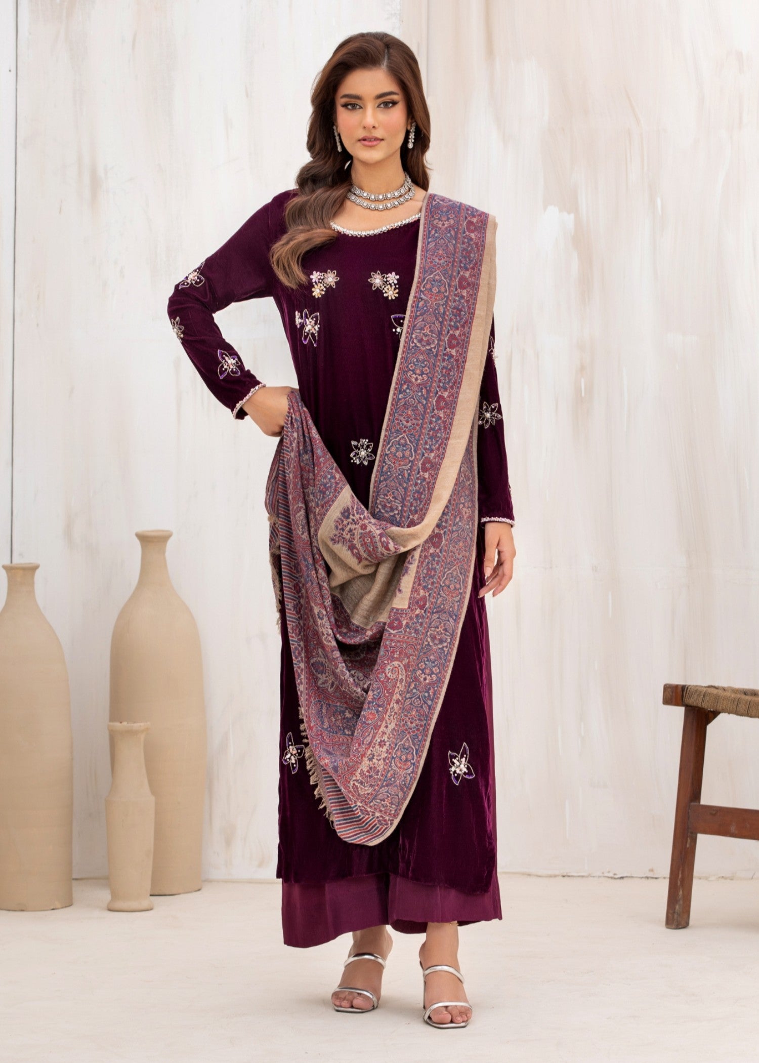 korean raw silk Kurta Set in Deep purple