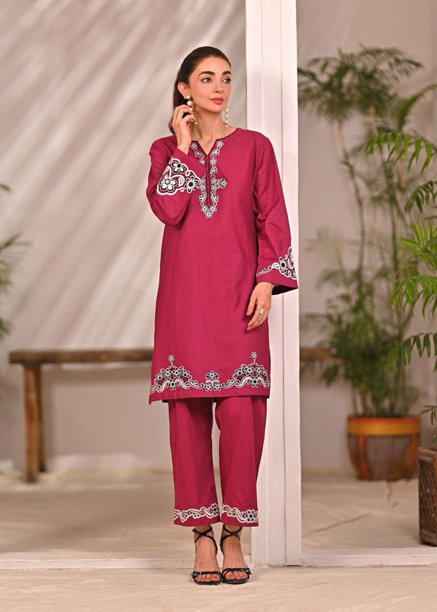 cotton Kurta Set in Ruby red