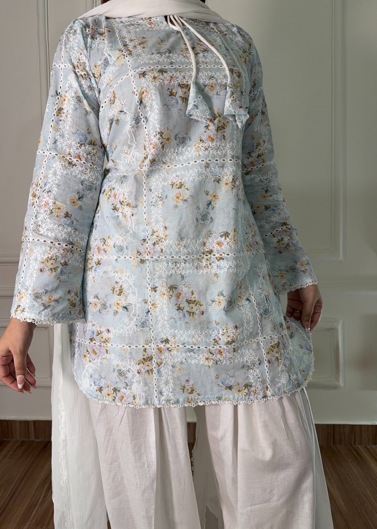 lawn Kurta Set in Off-white, ice blue